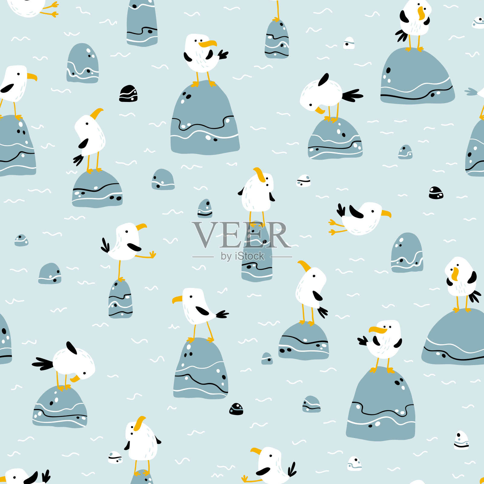 石头上的海鸥。矢量无缝图案在手绘斯堪的纳维亚卡通风格。插图在一个有限的调色板是理想的印花布,纺织品,包装纸儿童插画图片素材