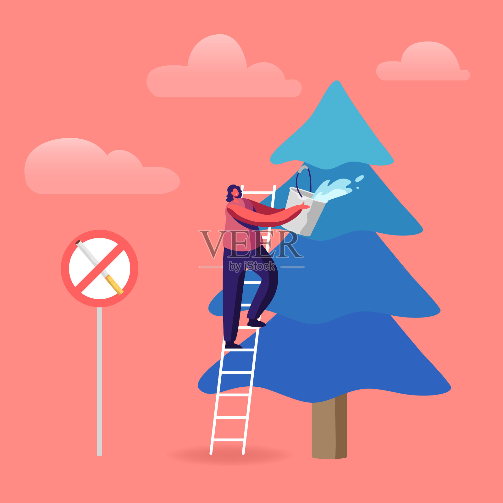 妇女志愿者从桶中向挂有“禁止吸烟”标志的枞树上喷水灭火。保护环境,保护自然,保护生态。卡通平面矢量插图插画图片素材