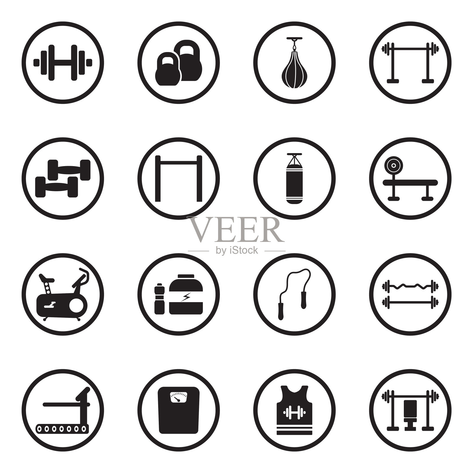 健身图标。圆形的黑色平面设计。矢量插图。图标素材