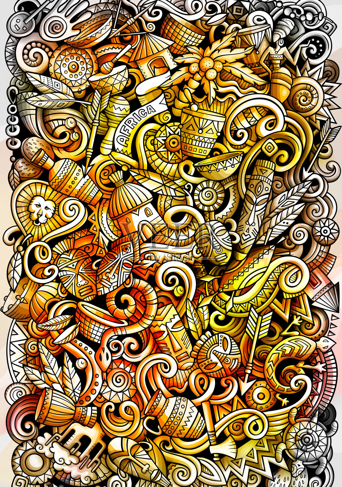 非洲手绘涂鸦横幅。卡通详细的传单。插画图片素材