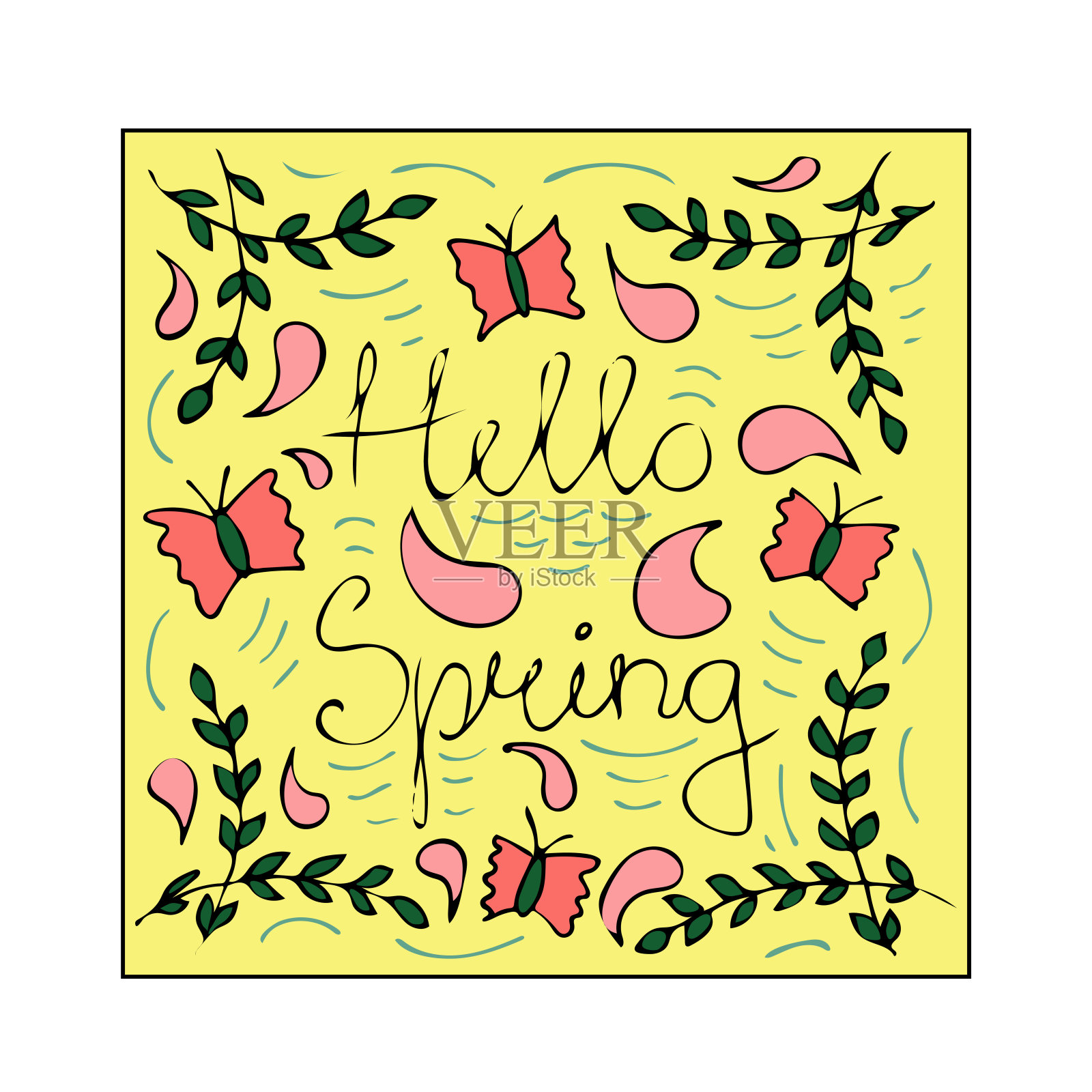 手写短语“你好春天”。涂鸦叶子,蝴蝶。矢量插图。每股收益10插画图片素材