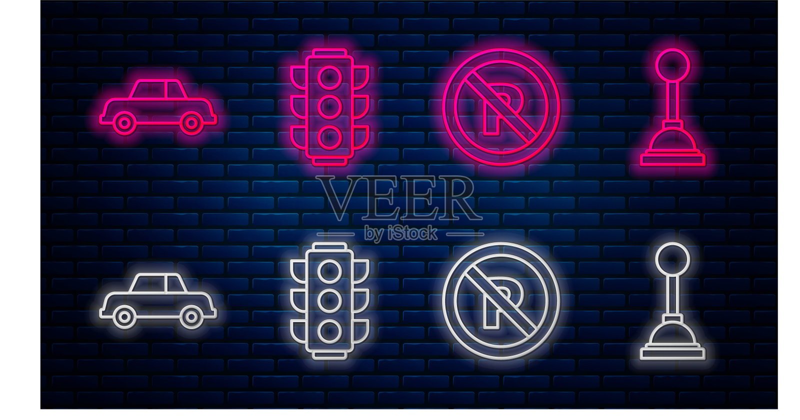 设置线路交通灯,禁止停车,汽车和换挡。砖墙上发光的霓虹灯图标。向量插画图片素材