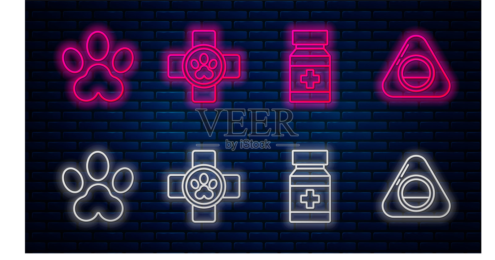设行兽医诊所标志、犬药瓶及药丸、爪印及宠物床。砖墙上发光的霓虹灯图标。向量图标素材