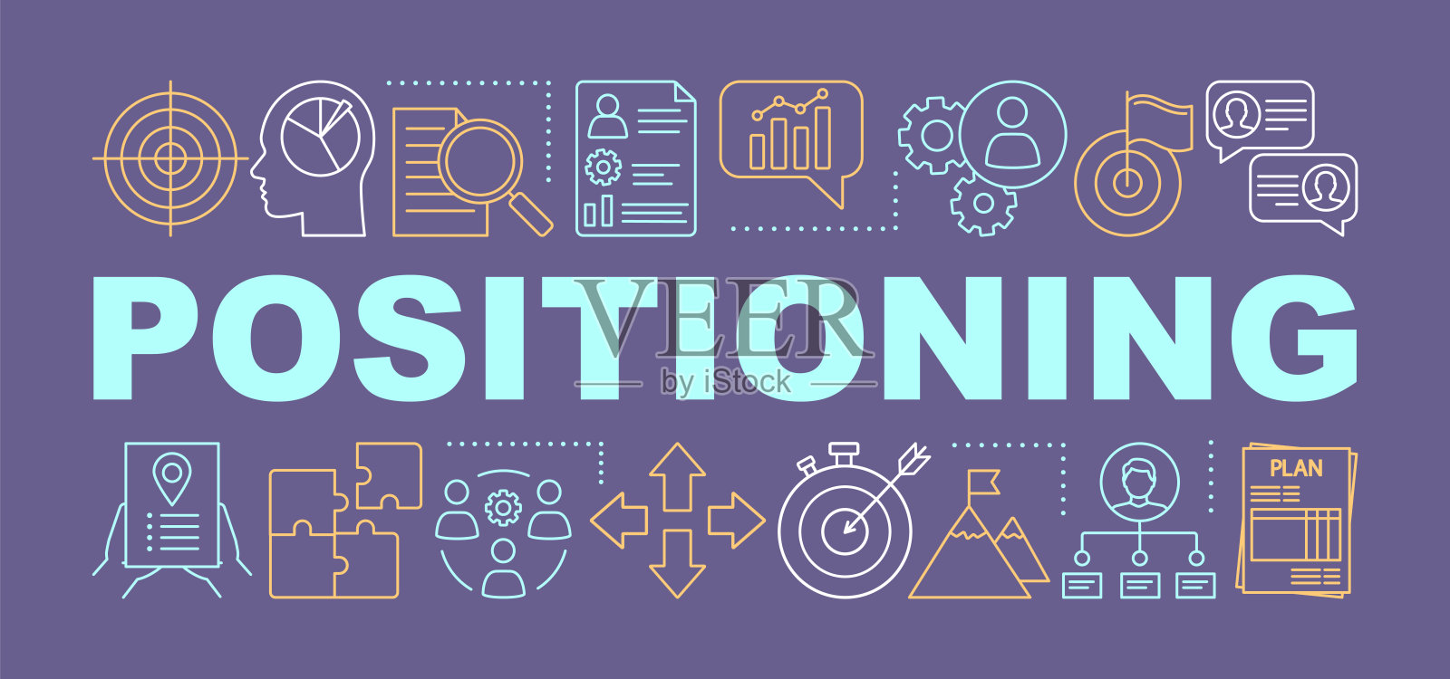 定位紫色字概念横幅。固定的地理定位图标,gps技术,路线搜索。演讲中,网站。孤立的字母排版与线性图标。向量大纲说明插画图片素材