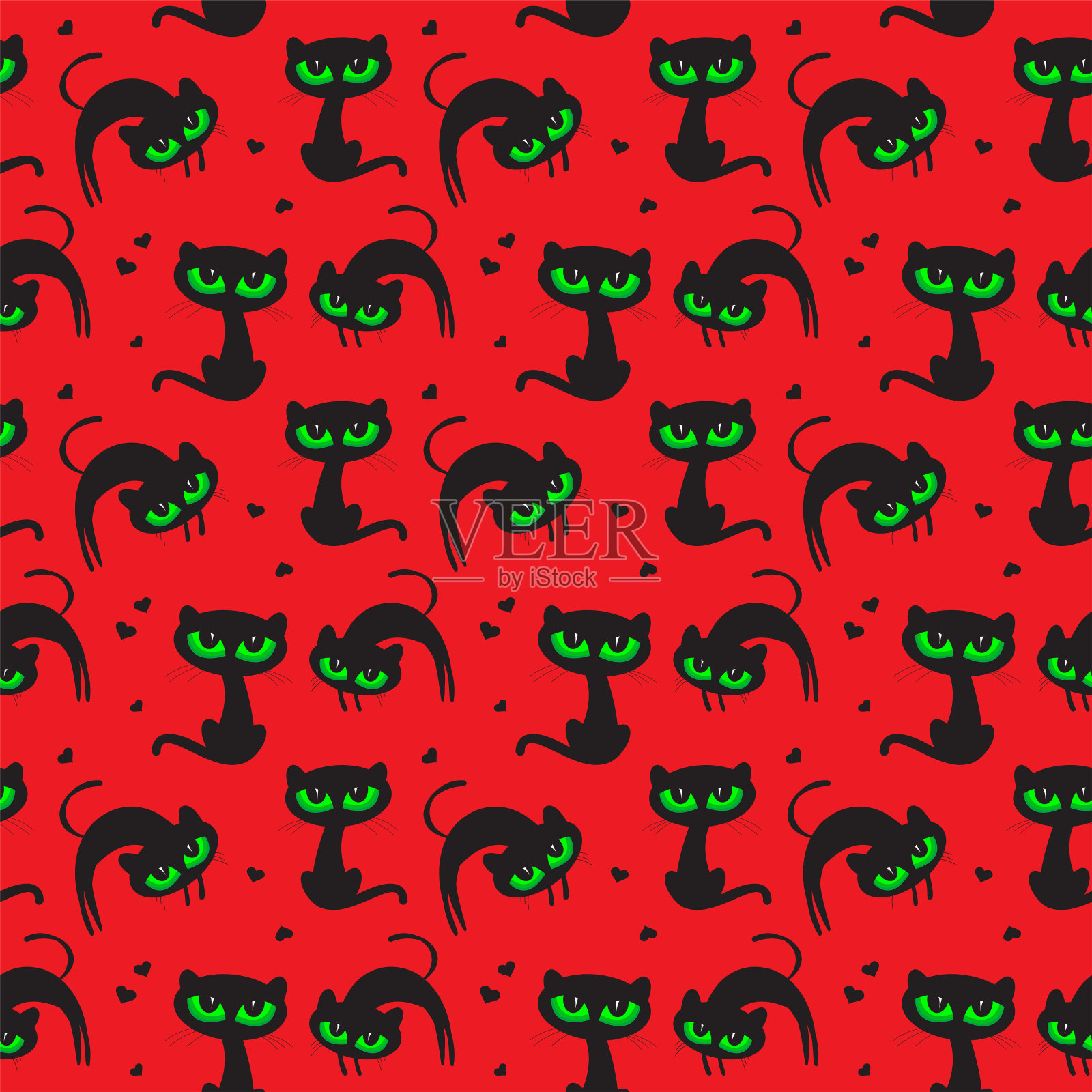 抽象无缝爱猫图案。有趣的黑猫图案的纺织品和织物插画图片素材