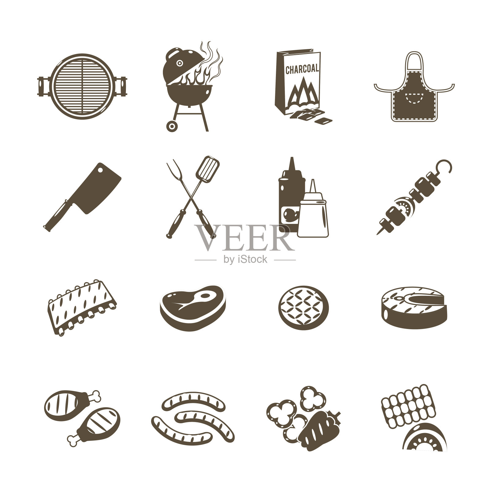 烧烤和烧烤图标设置为黑色图标素材