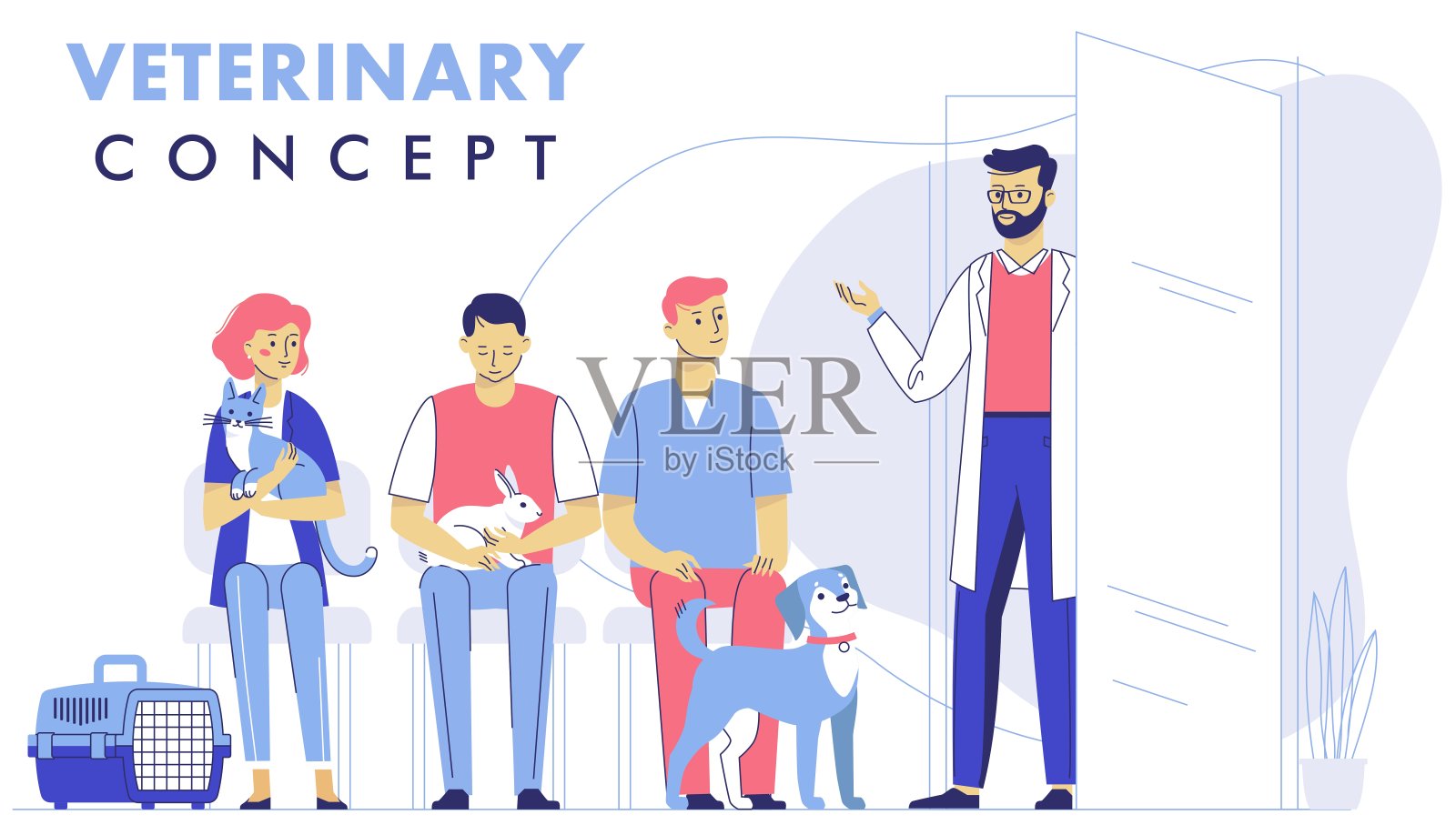兽医概念与动物病人和医生在接待兽医诊所。插画图片素材