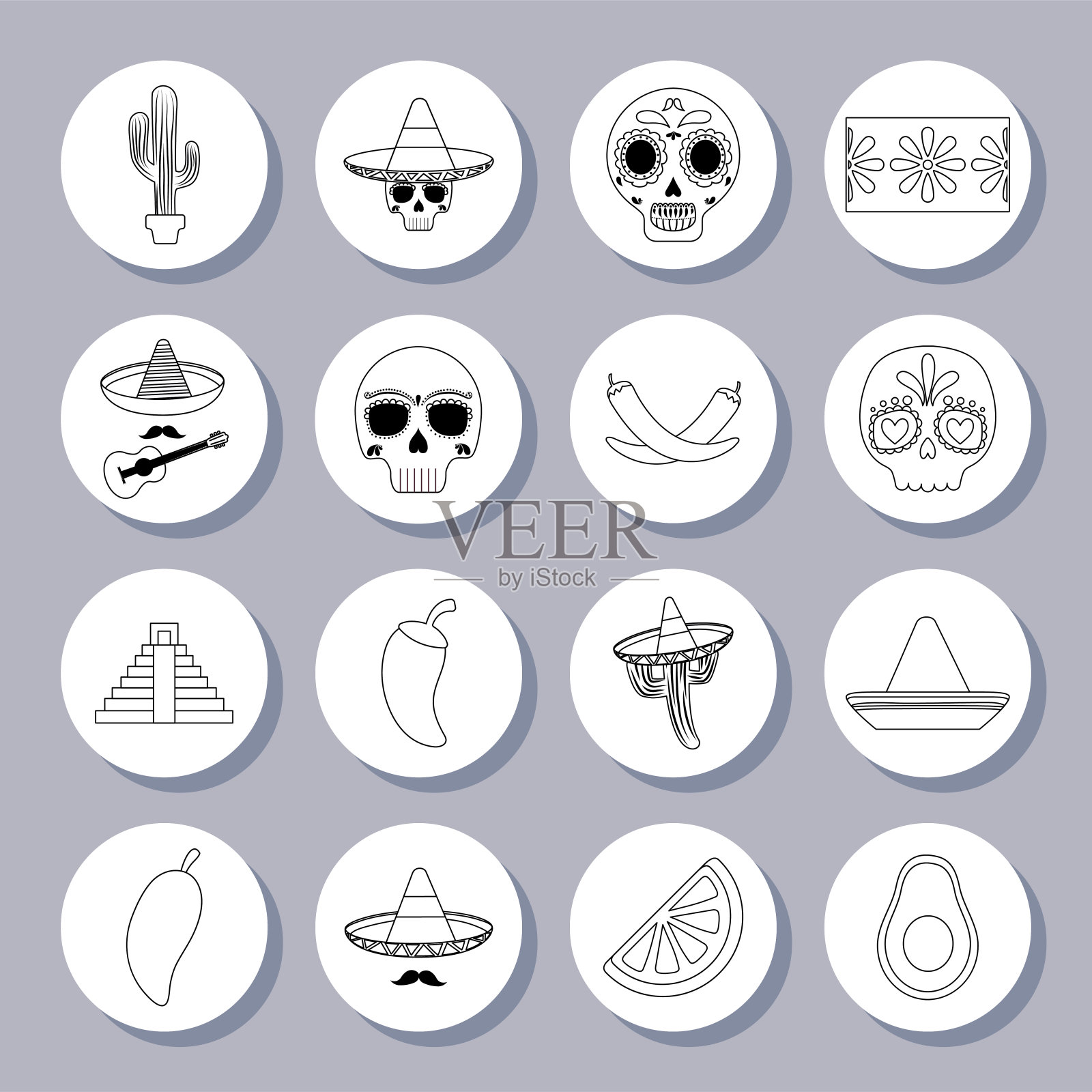 孤立的墨西哥图标设置在灰色背景矢量设计插画图片素材