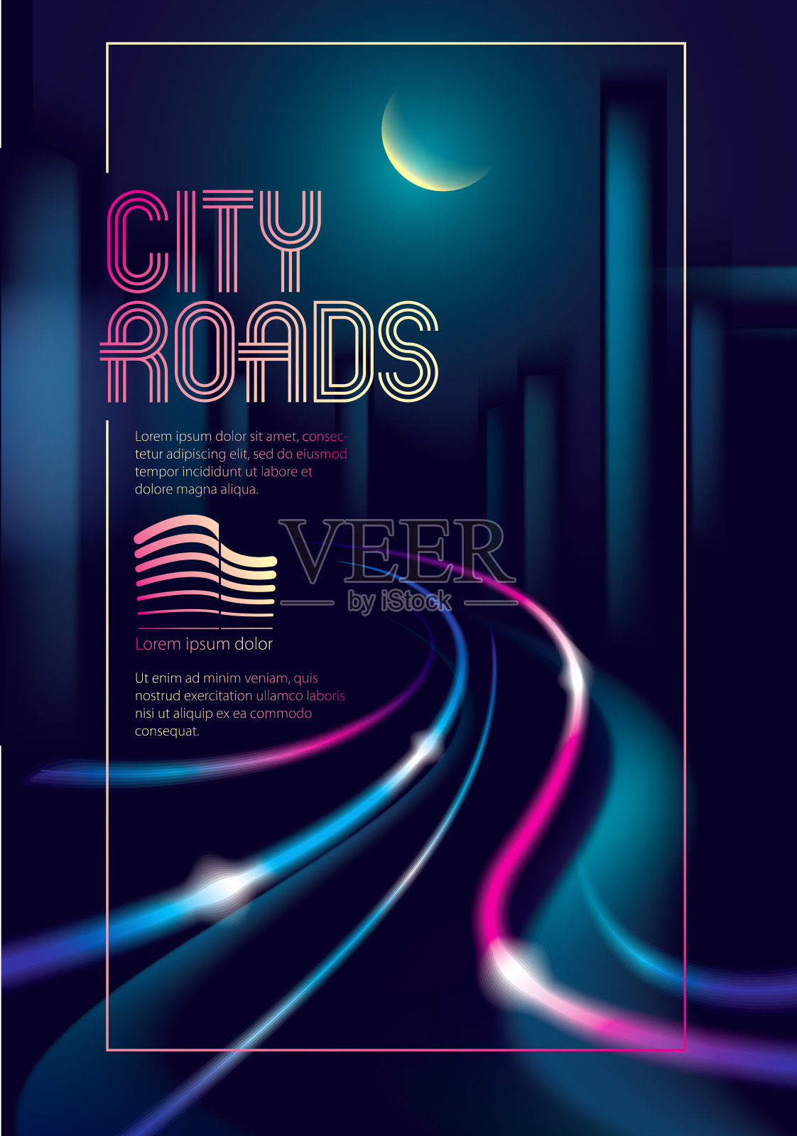 夜晚的城市道路上,车流闪闪发光。效果矢量美丽的背景。模糊多彩的黑暗背景与城市景观,建筑轮廓天际线。宣传册,传单,封面,海报或指南的模板。插画图片素材