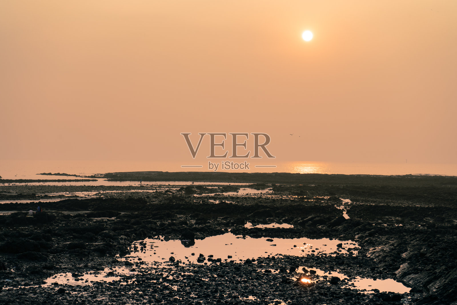 从岩石海滩附近的慢跑者打包在日落照片摄影图片