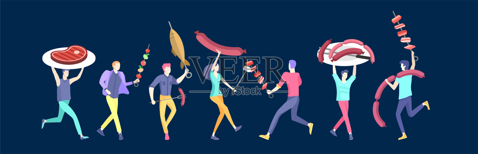 人们准备烧烤。烧烤聚会。人烧烤肉。概念现代和时尚的彩色矢量插图插画图片素材