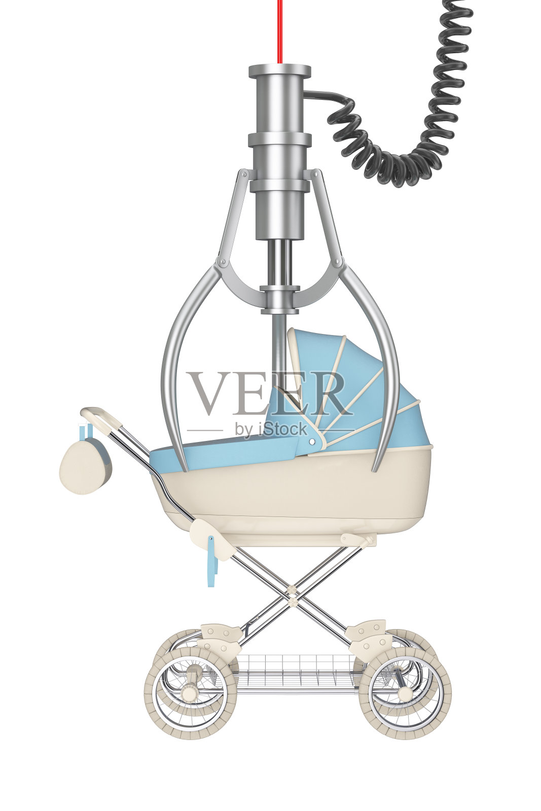 赢家的概念。现代蓝色婴儿车,婴儿车,婴儿车在铬机器人爪。3d渲染照片摄影图片