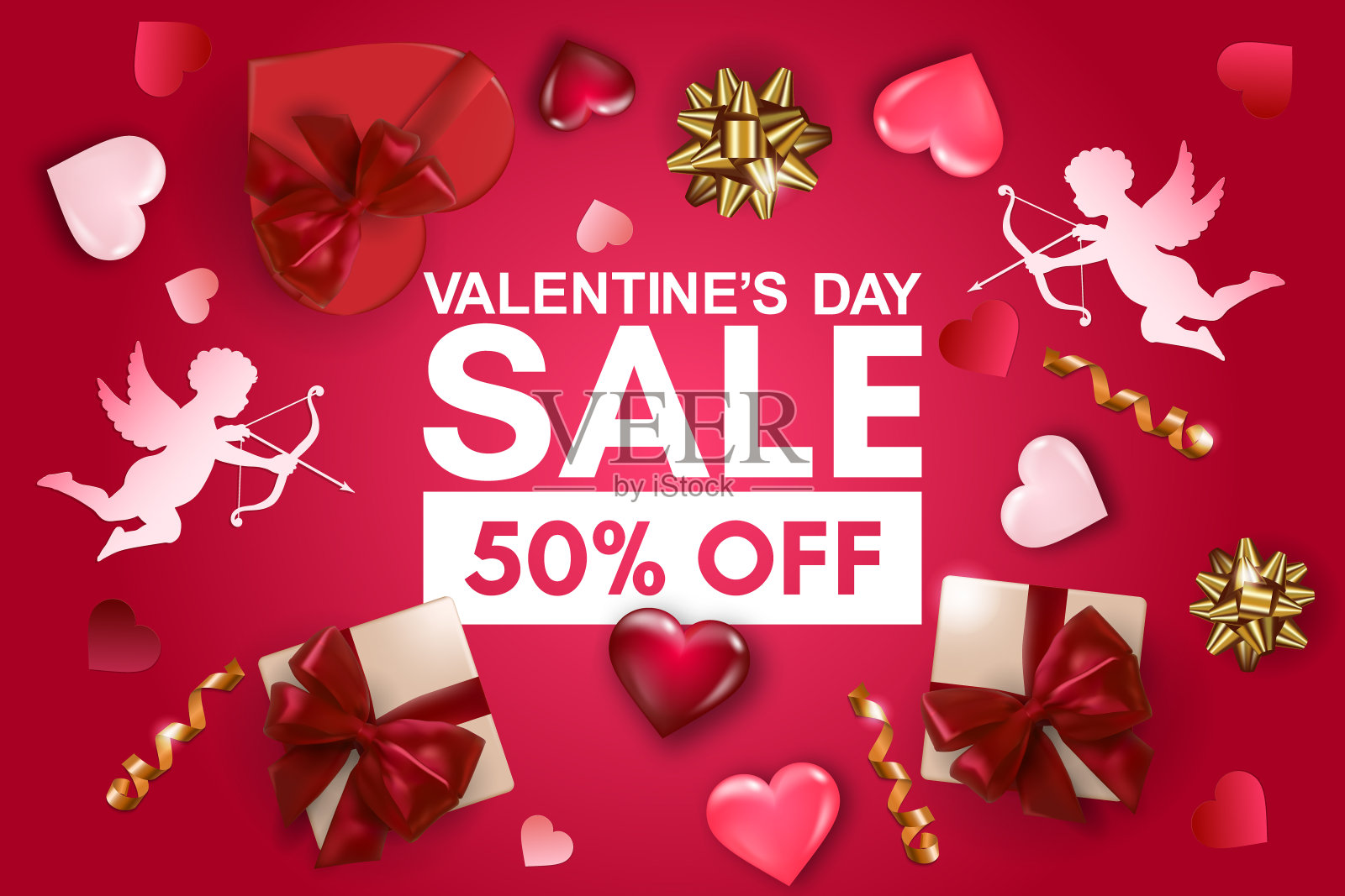 情人节销售背景与礼盒,纸丘比特,卷心和弓。手写信件,节日横幅,海报,矢量。设计模板素材