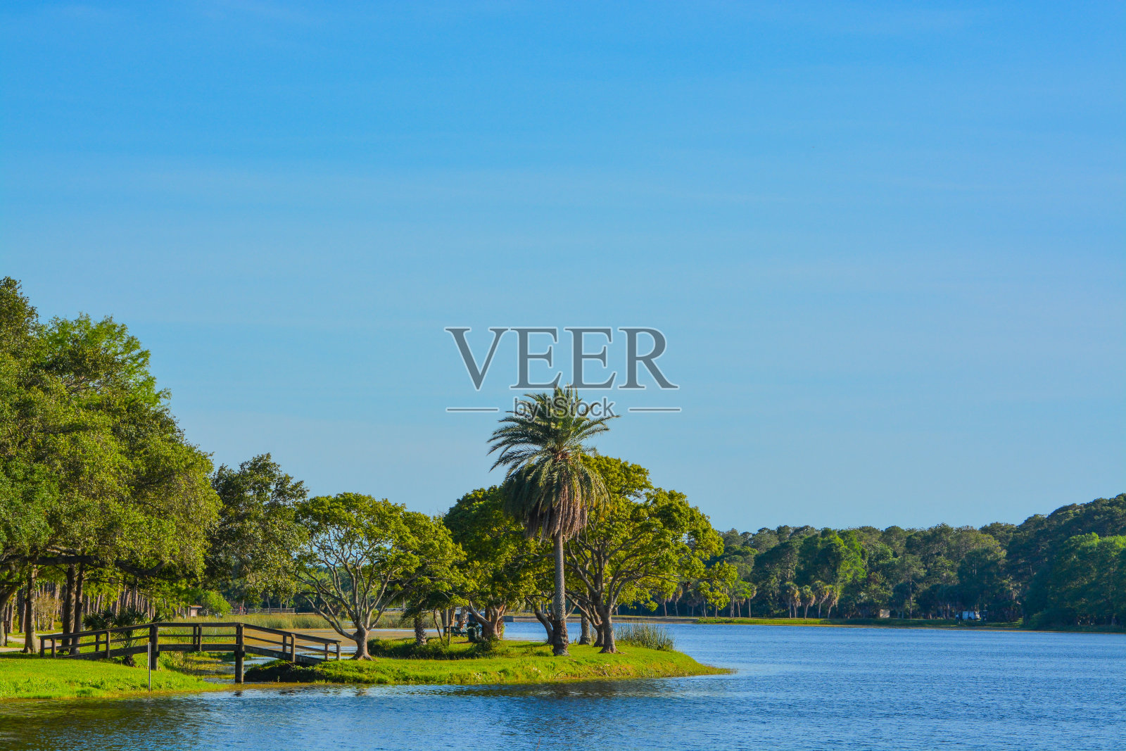 这是一个散步的好日子,在佛罗里达拉戈的约翰·s·泰勒公园,可以看到通往小岛的木桥。照片摄影图片