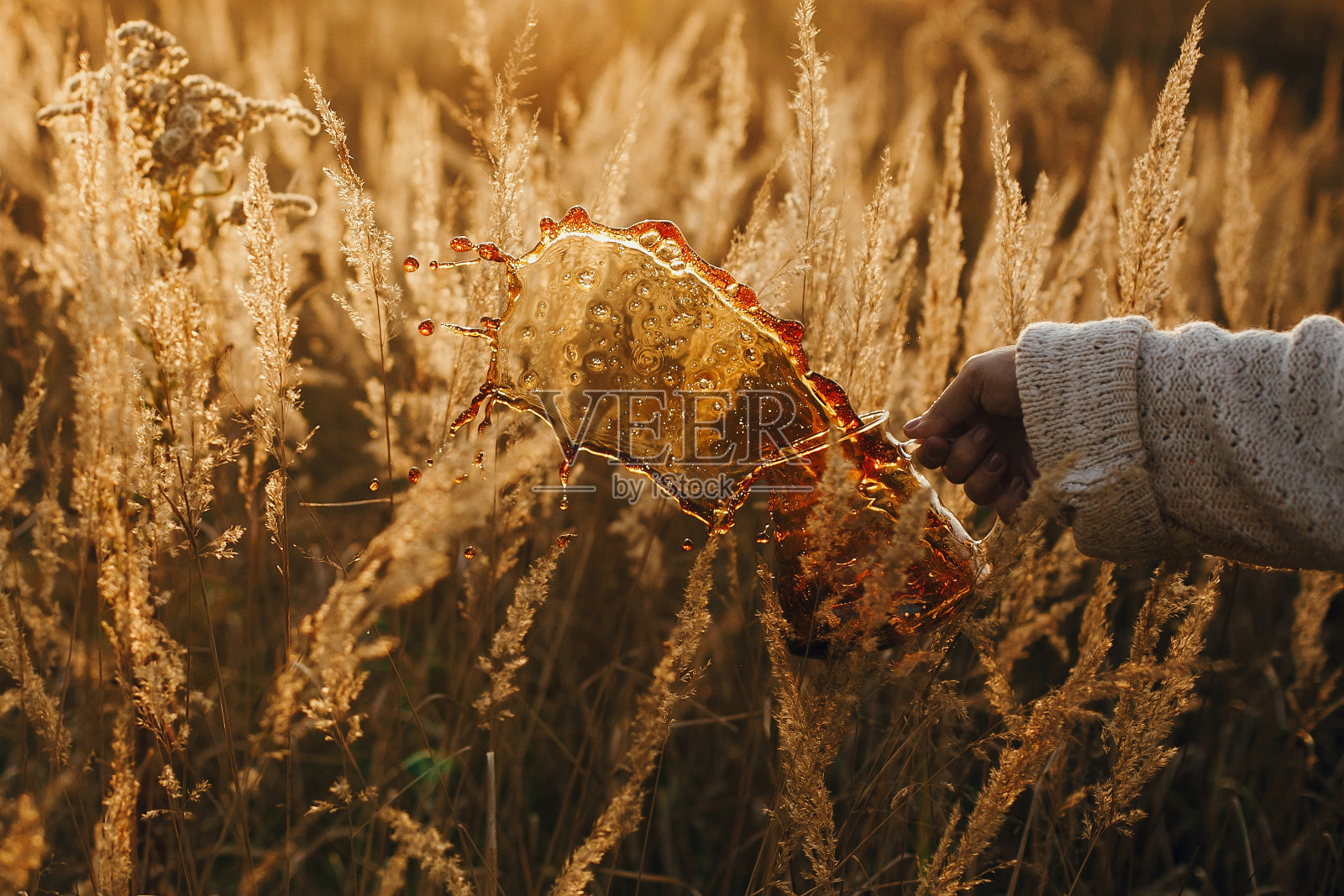 阳光明媚的田园风光中,手持玻璃瓶倒出新鲜热咖啡,咖啡飞溅,享受宁静的时刻照片摄影图片