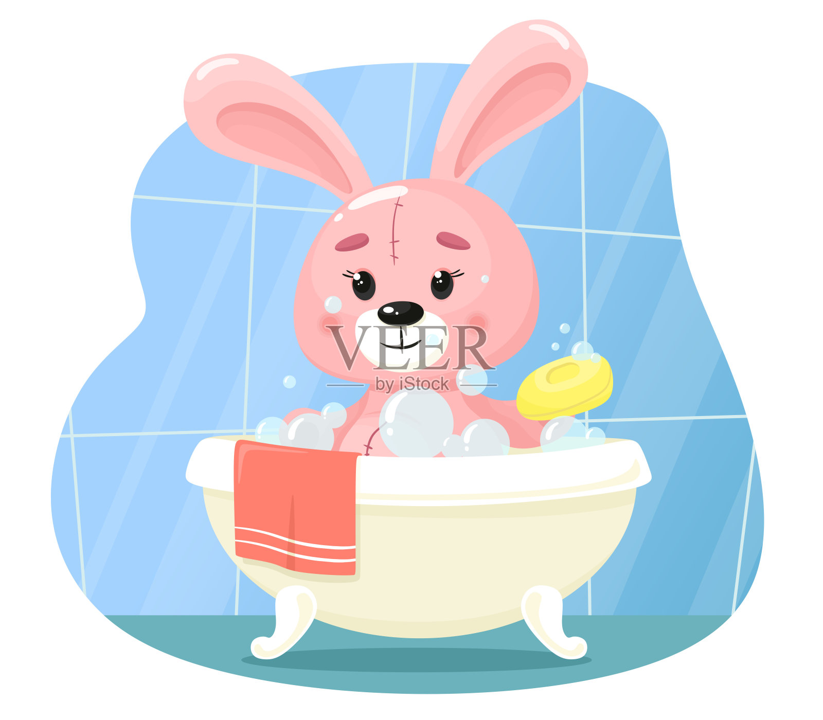 可爱的粉色小兔子用婴儿肥皂洗澡。矢量插图在卡通平面风格。插画图片素材
