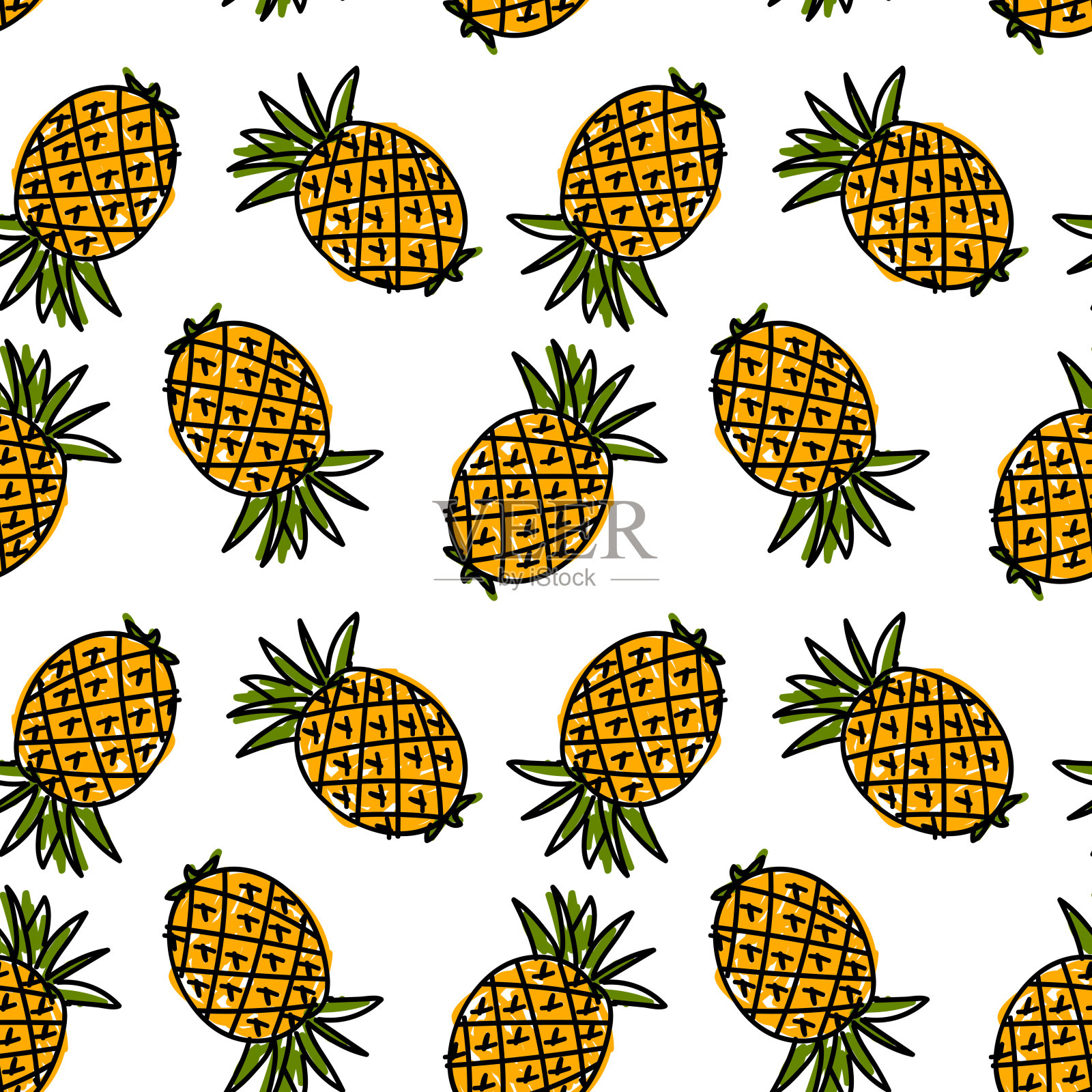 可爱的无缝图案的菠萝在涂鸦风格的白色背景。矢量插图。插画图片素材