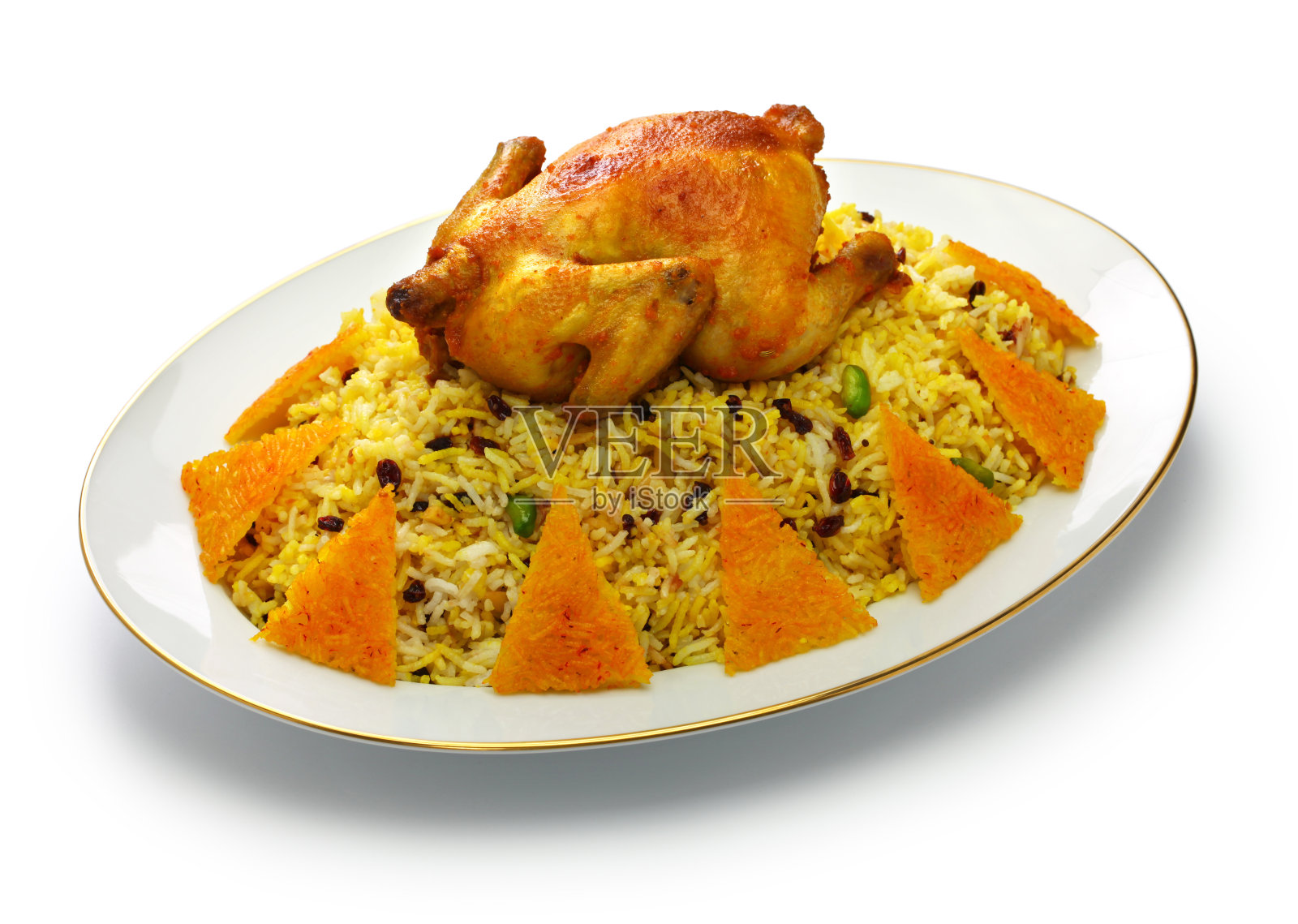 波斯红莓米饭配藏红花鸡肉,伊朗美食照片摄影图片