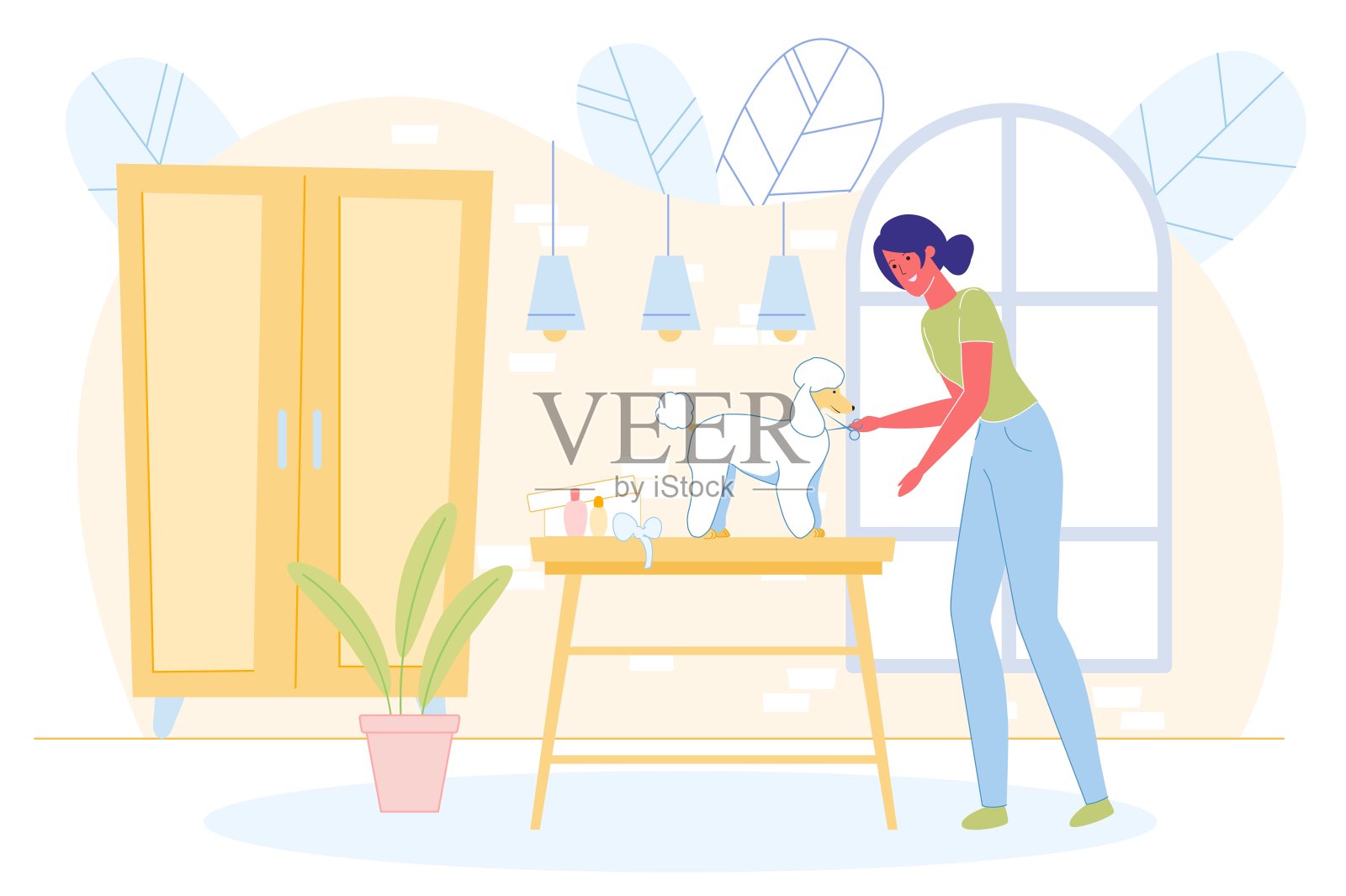 妇女提供宠物理发,狗美容在家里插画图片素材