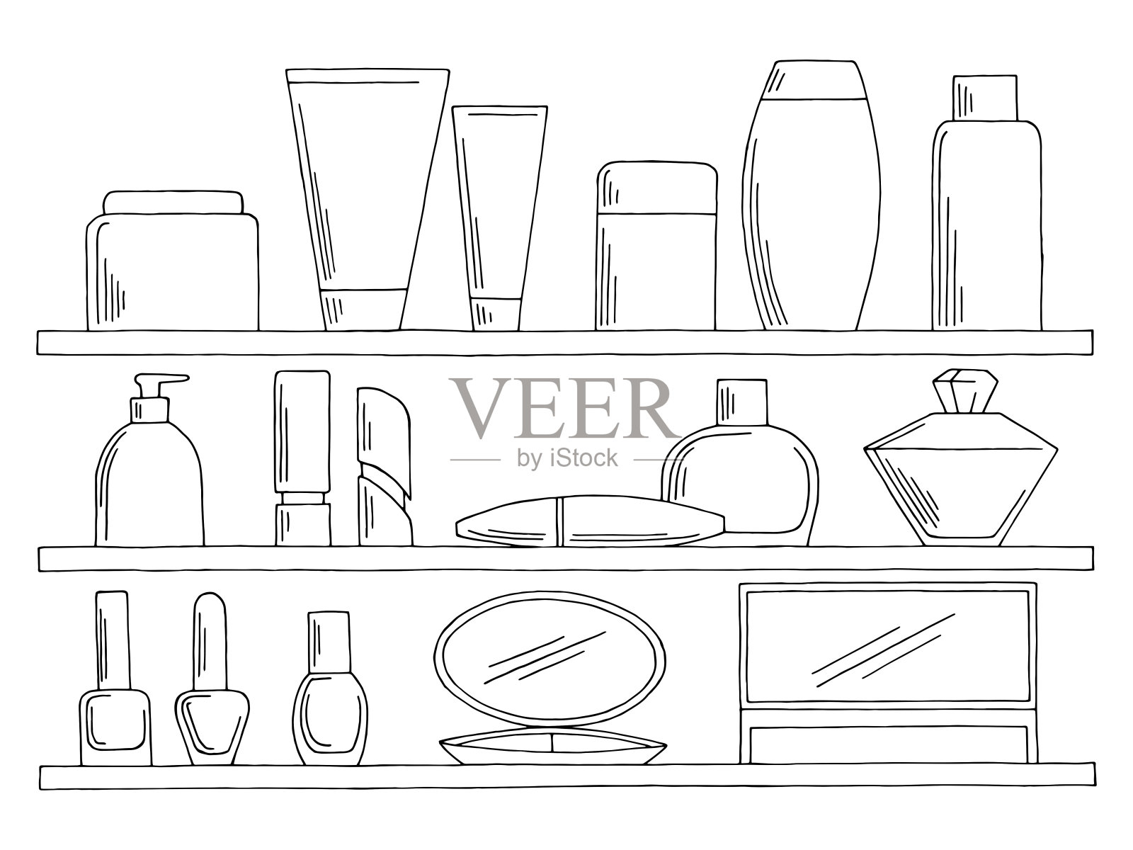 货架设置图形黑白隔离素描化妆品商店插图矢量插画图片素材