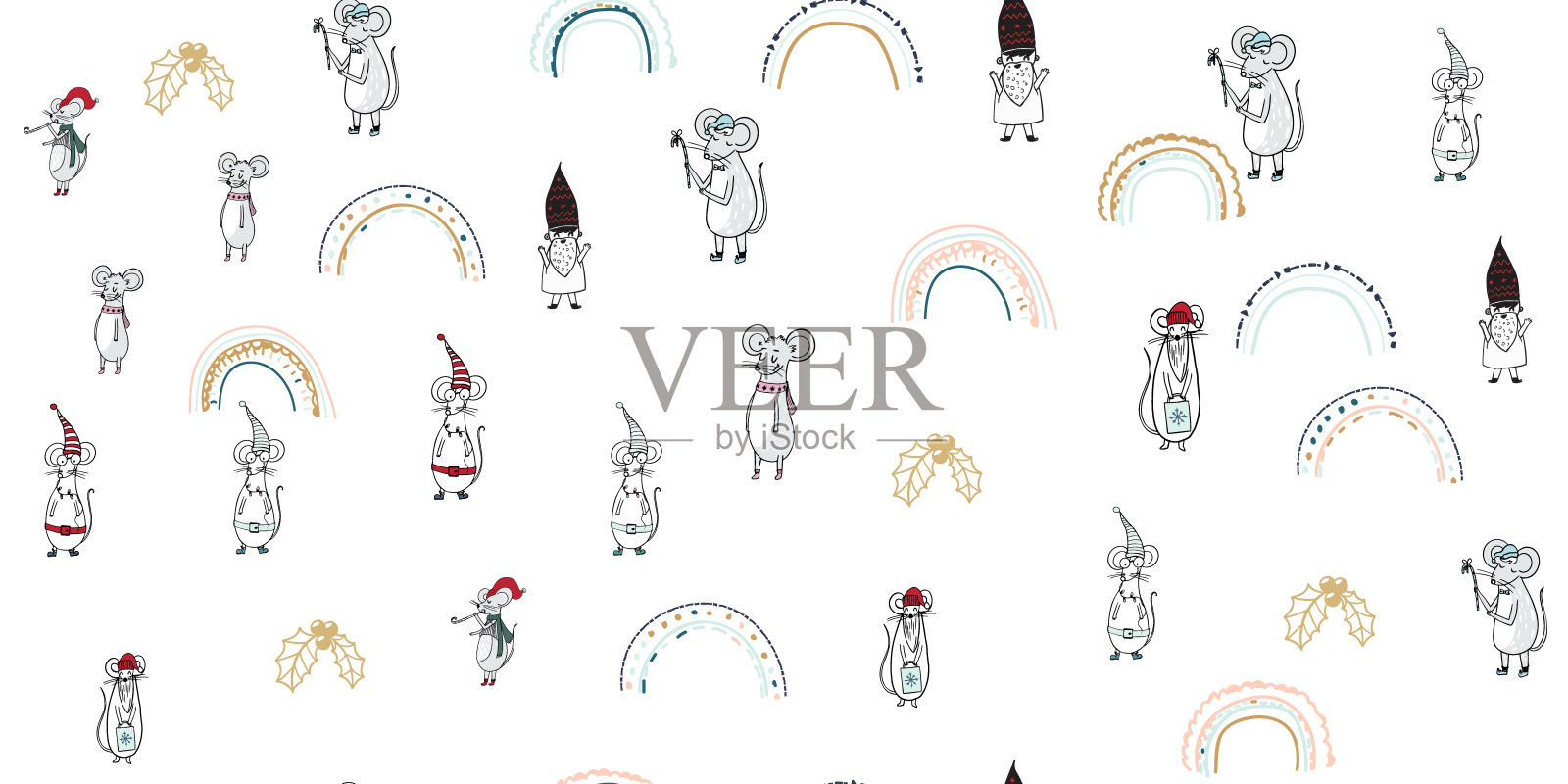 孩子无缝模式与鼠标和彩虹。可爱的斯堪的纳维亚简约设计。插画图片素材