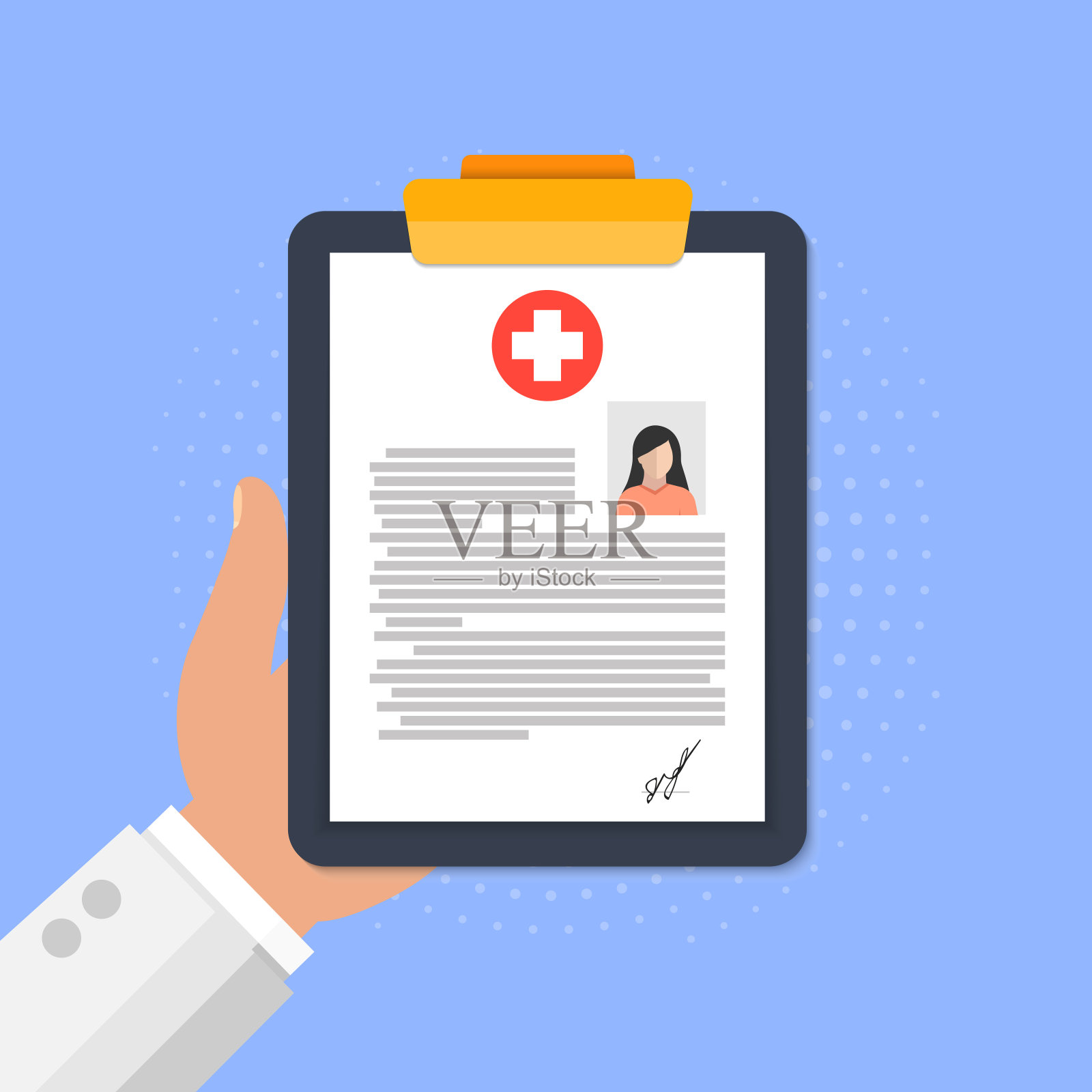 医生手中拿着蓝色背景上的平板上的女子医疗卡。插画图片素材