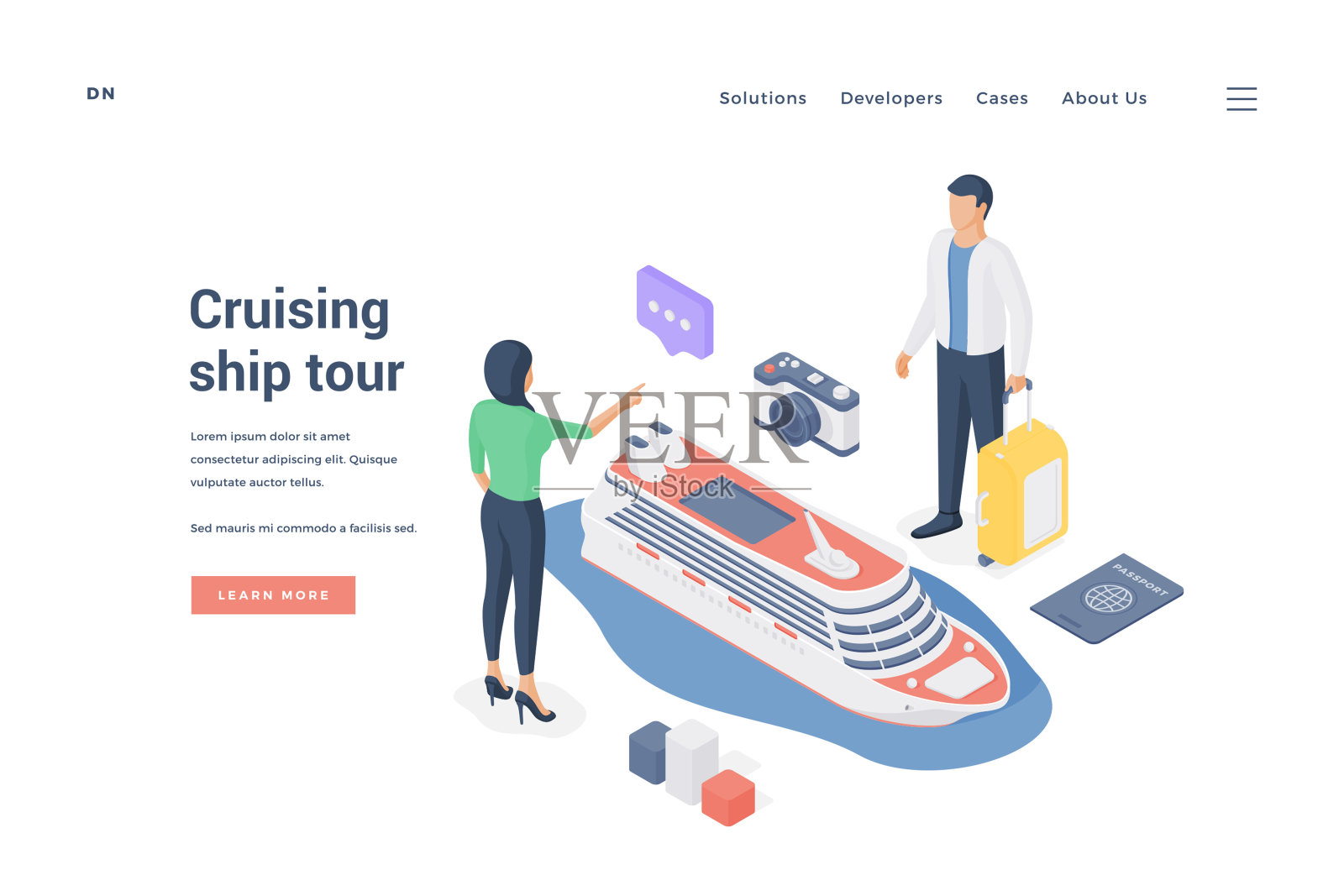 夫妇计划游轮之旅。等距矢量图插画图片素材