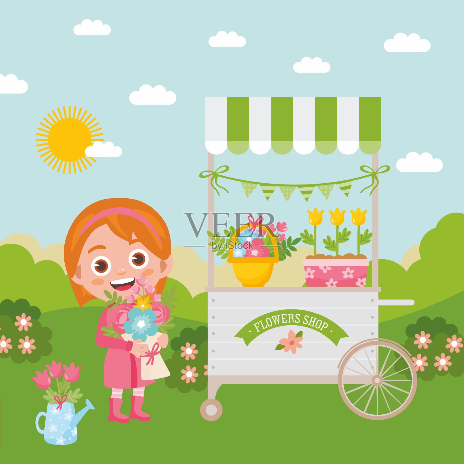 卡通景观与花店。阳光明媚的一天,美妙的花束和大自然的夏日插图。拿着花束的女孩。插画图片素材