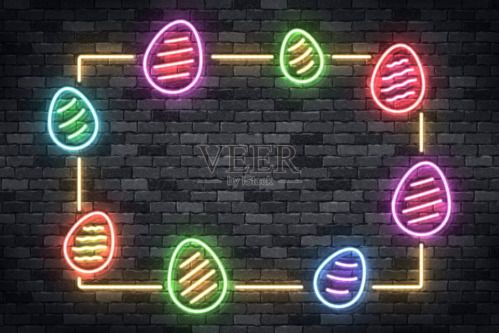 矢量现实隔离霓虹灯复活节框架模板装饰和覆盖在墙壁背景。庆祝复活节快乐的概念。插画图片素材