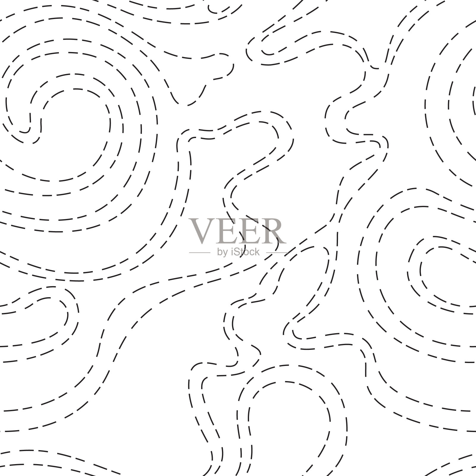 矢量无缝纹理平滑流线型虚线在黑色孤立的白色背景。用于装饰织物或包装纸的抽象背景。插画图片素材