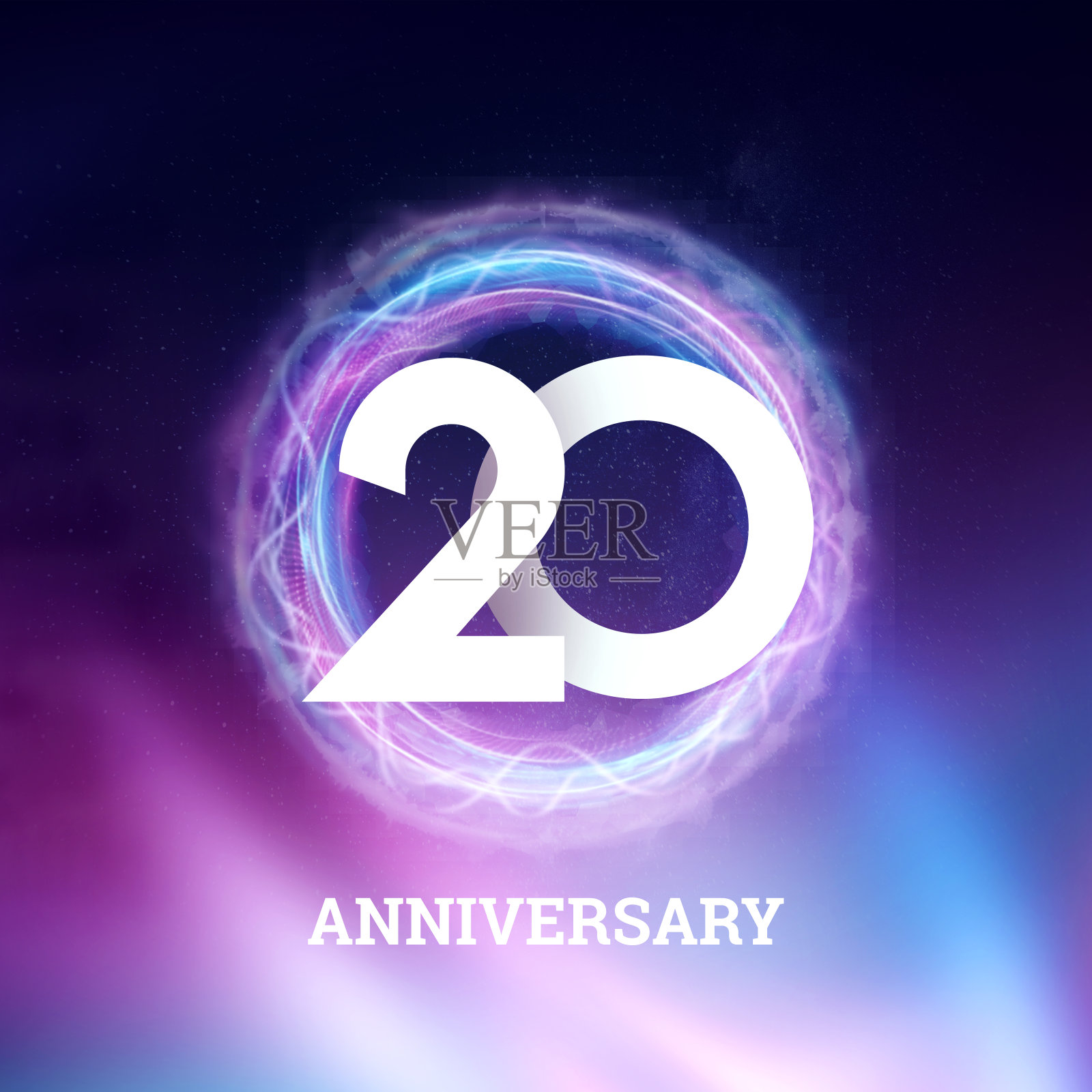 白色数字20周年庆典在黑色背景与霓虹灯抽象设计。庆祝模板,贺卡,节日模板,传单,拷贝空间。插画图片素材