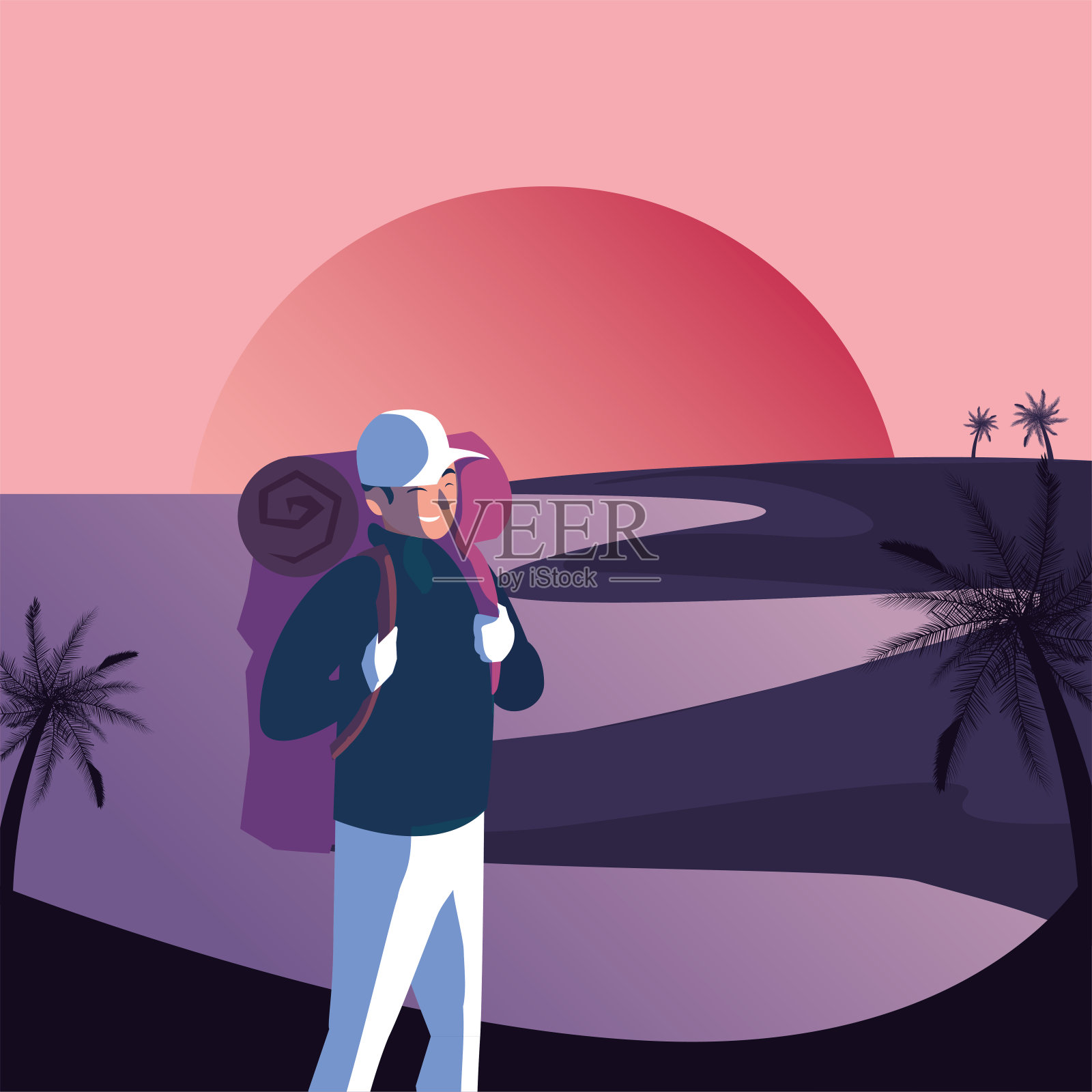 徒步旅行者和景观与袋矢量设计插画图片素材