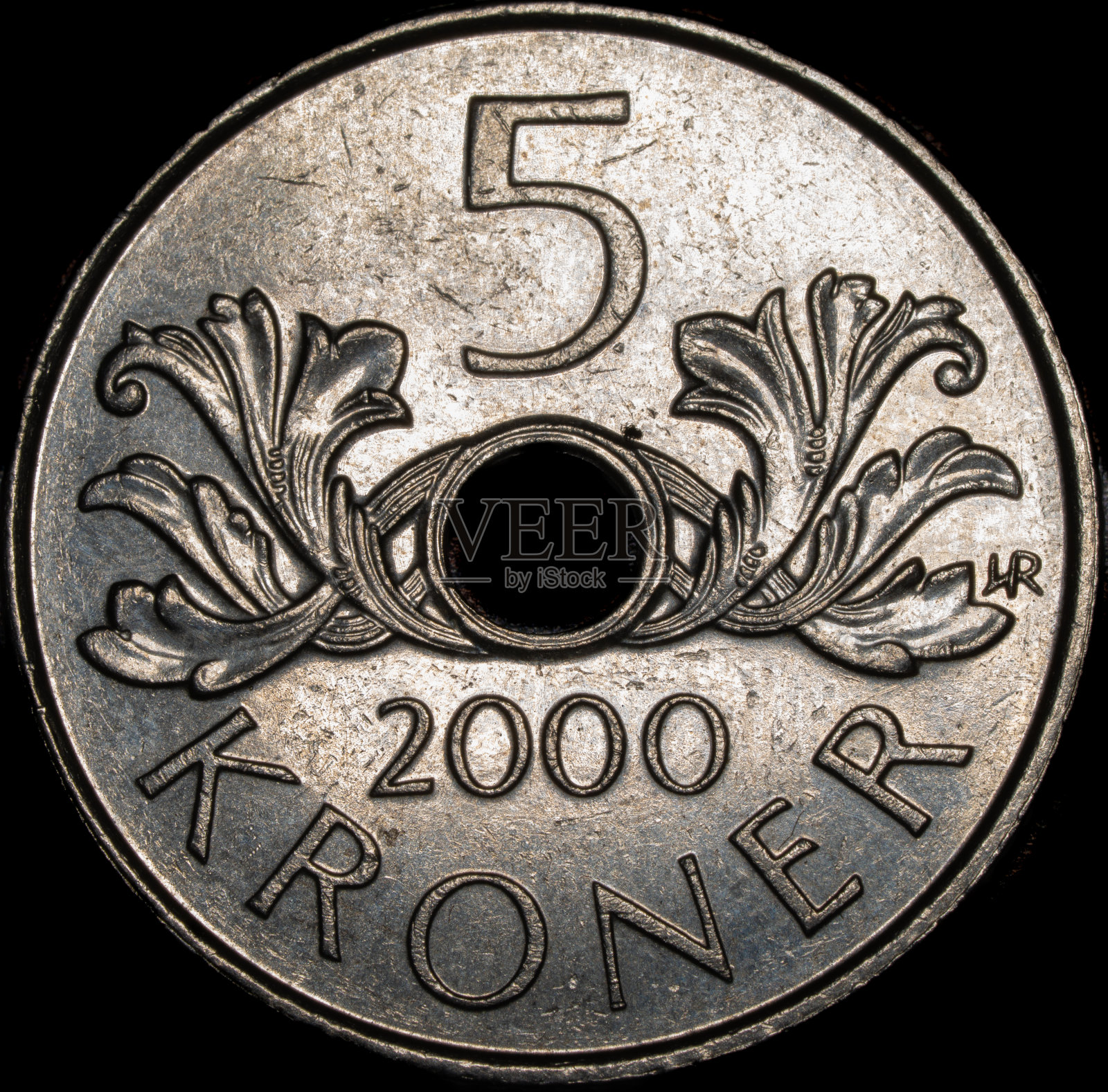 挪威金属硬币,面值为5挪威克朗照片摄影图片