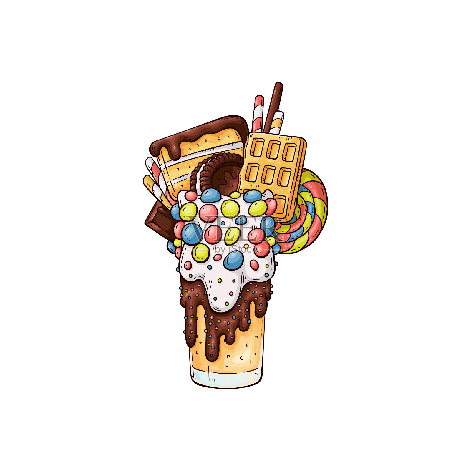 甜点或糕点与配料素描卡通矢量插图孤立。插画图片素材