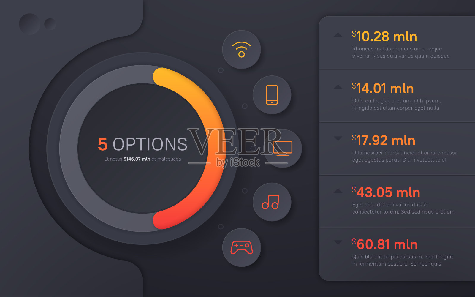 深色的展示信息图模板在现代风格。五个选项设计模板素材