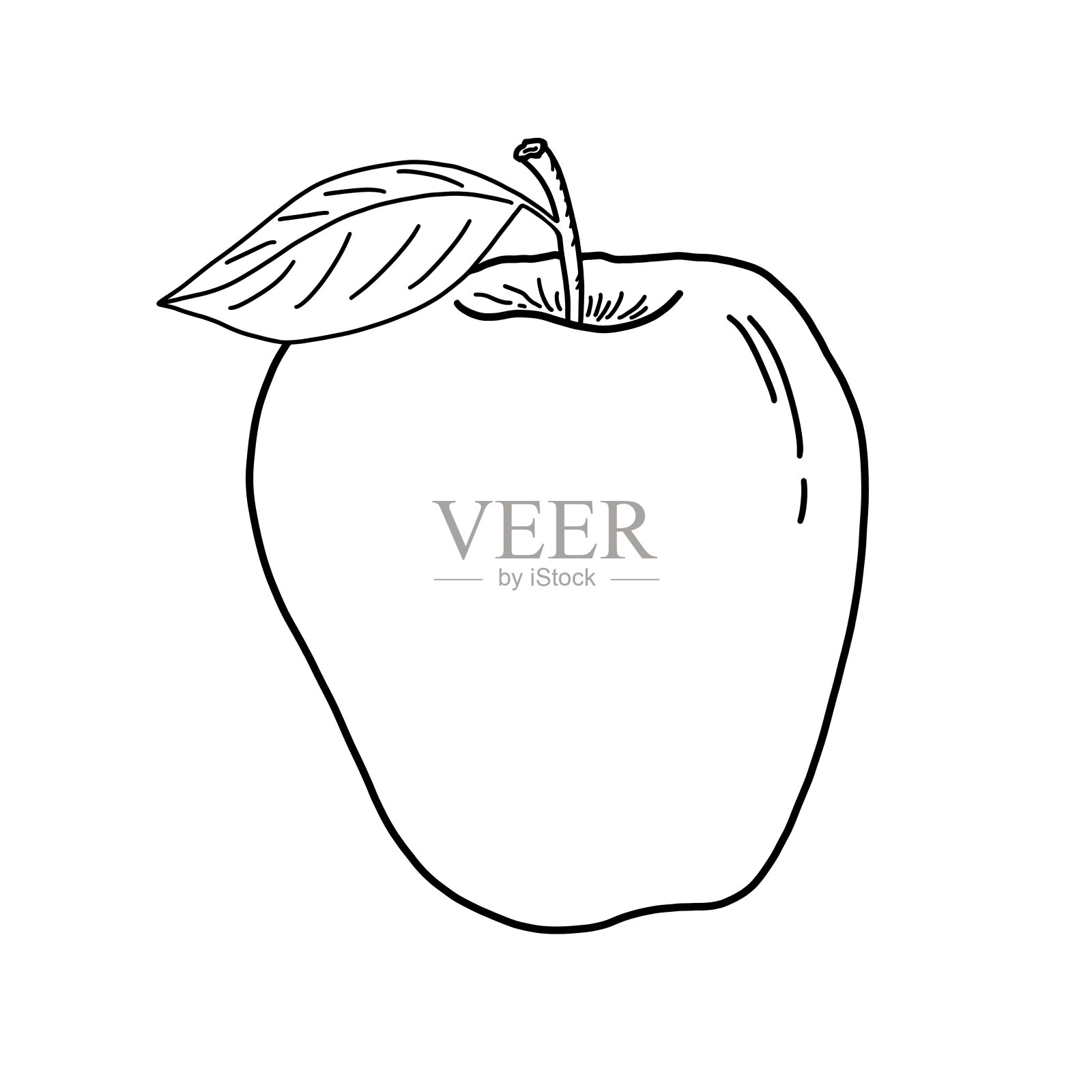 单手绘制的插图,一个苹果与一片树叶在一个白色的背景。插画图片素材