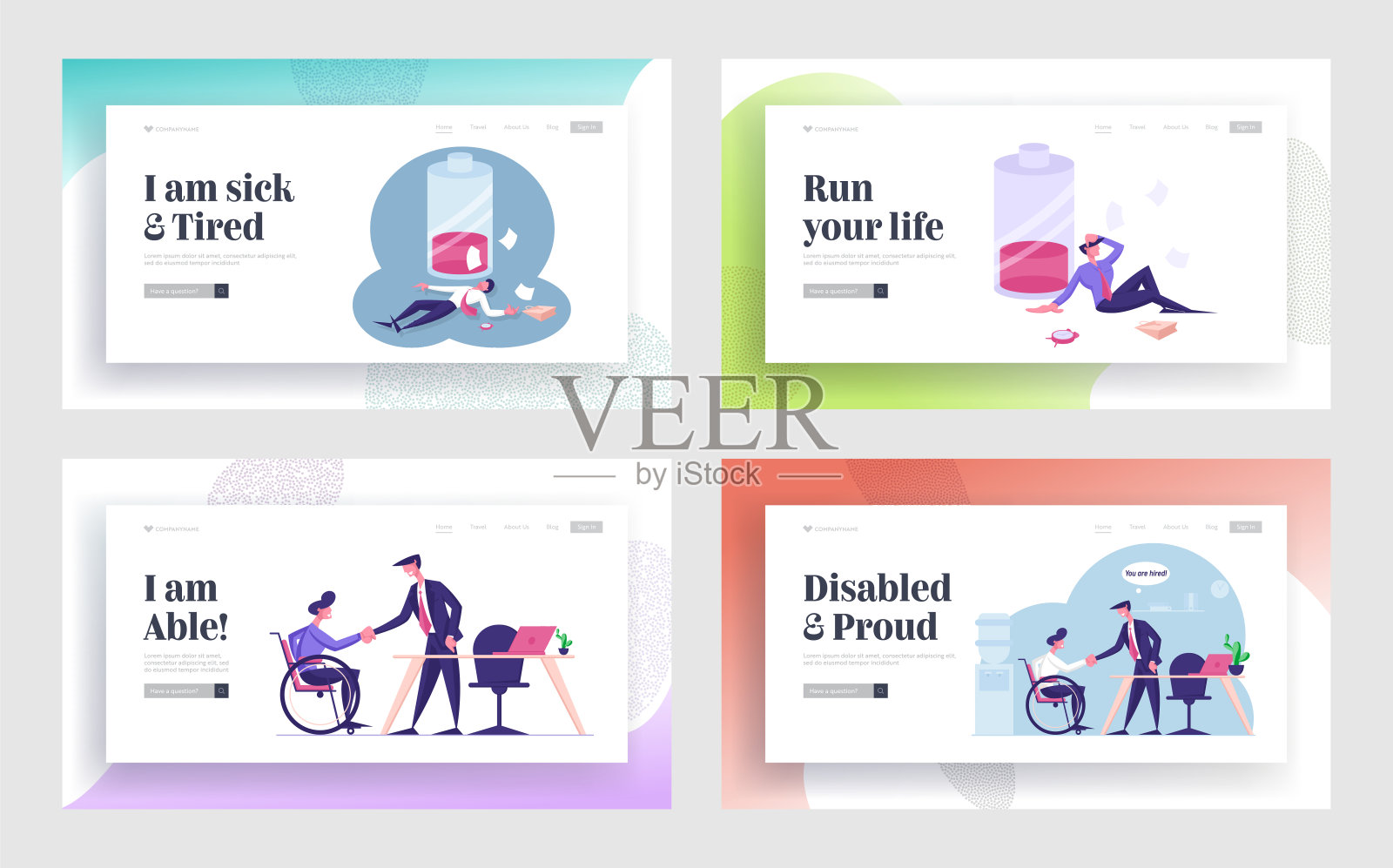 工作超载,残疾就业网站登陆页面设置。残疾工人介绍与新的工作场所,疲劳军官与低电池网页横幅。卡通平面矢量插图插画图片素材