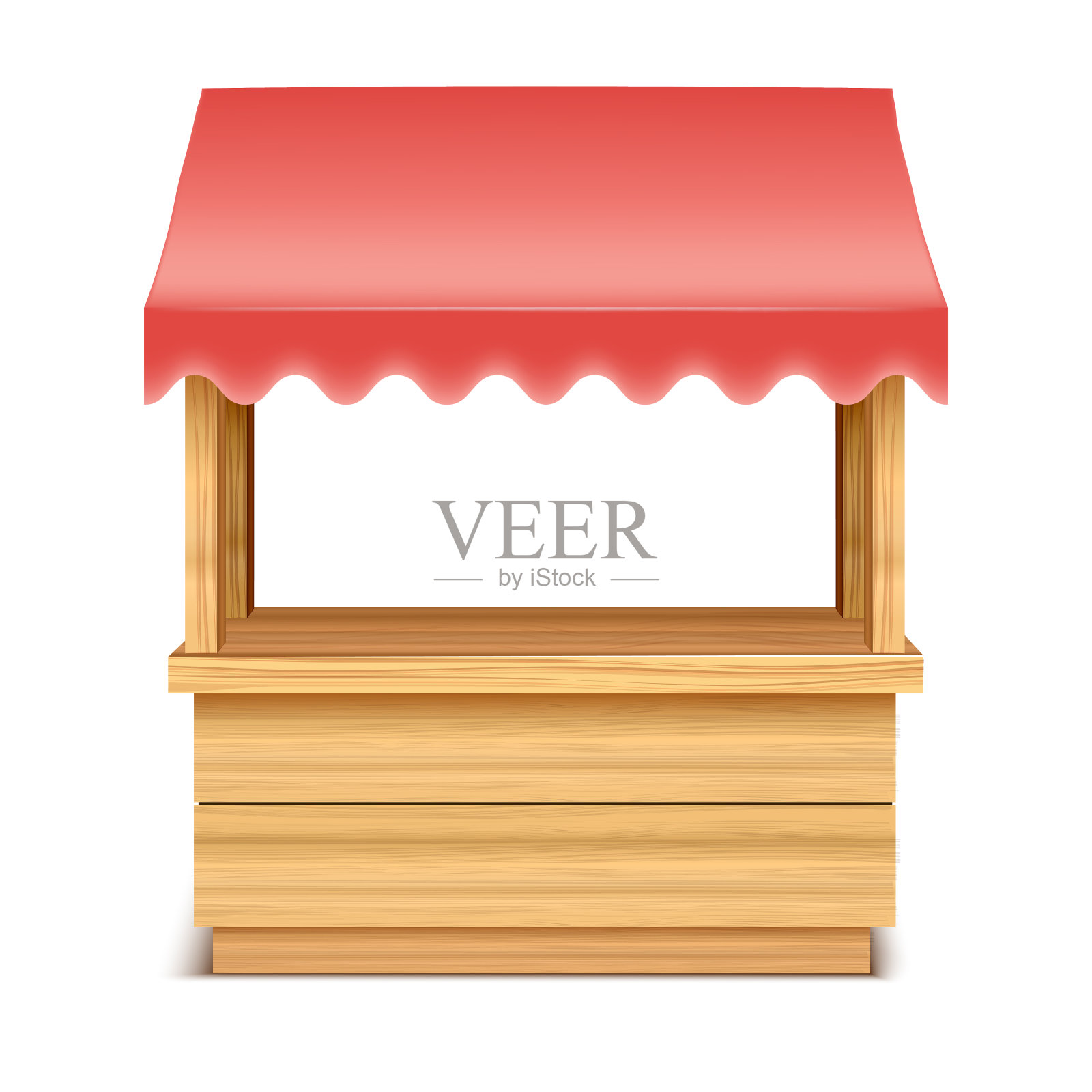真实详细的3d空木制市场摊位与红色屋顶遮阳篷。向量插画图片素材