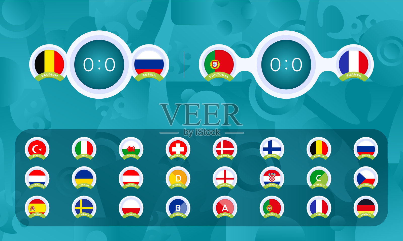 足球2020体育记分牌模板足球锦标赛2020矢量股票设置与国家旗帜。设计背景和品牌元素。插画图片素材