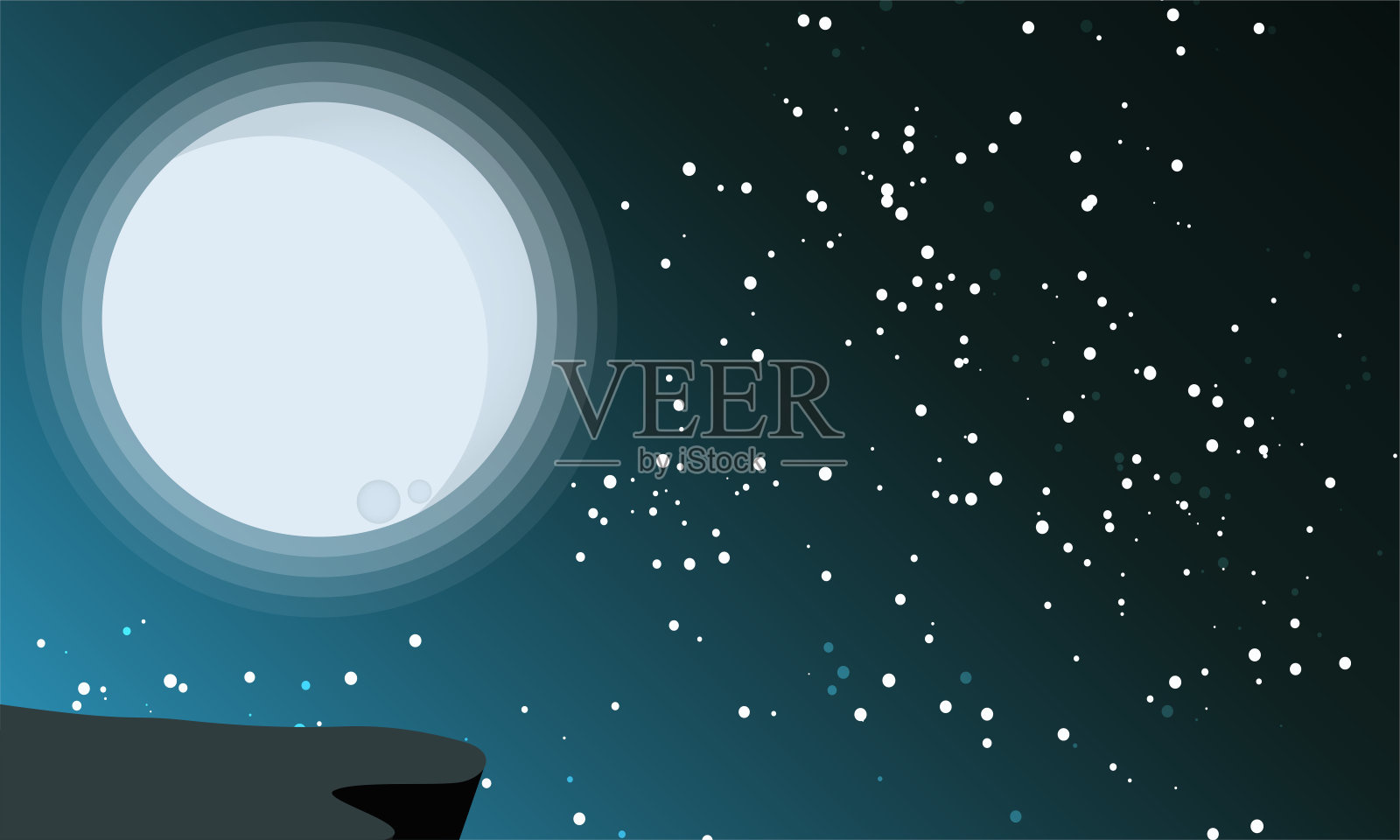 满月的夜空与星星的背景附近的小山。矢量插图。插画图片素材