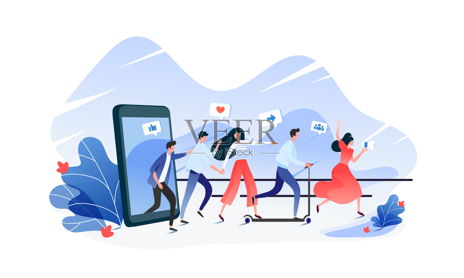 推荐营销理念,推荐朋友忠诚计划,推广方法。一群人或顾客手牵着手走出巨大的智能手机。现代平面矢量插图。插画图片素材