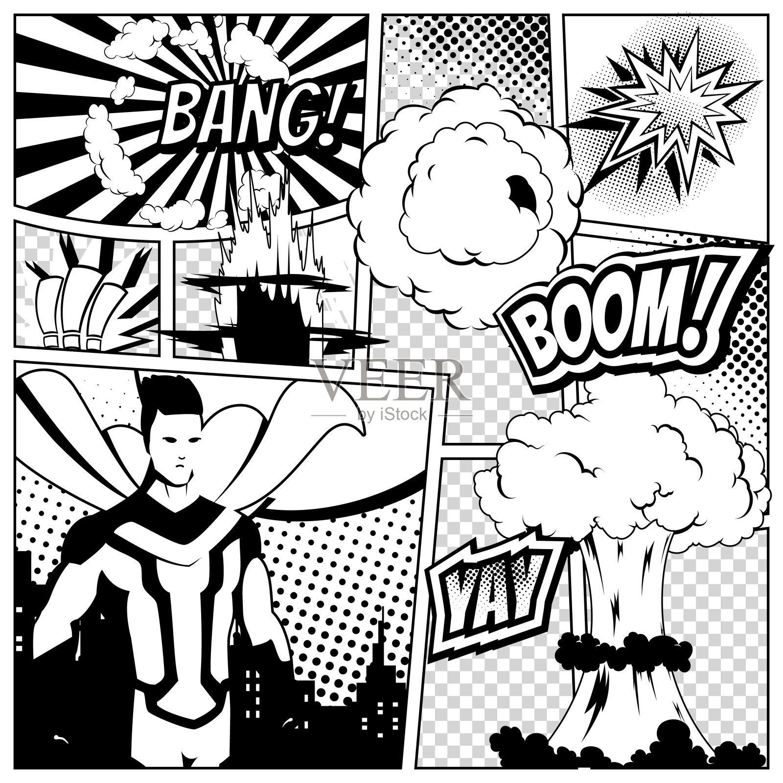 矢量彩色模板漫画页与各种语音气泡,射线,星星,点,半色调背景。超级英雄和城市剪影插画图片素材