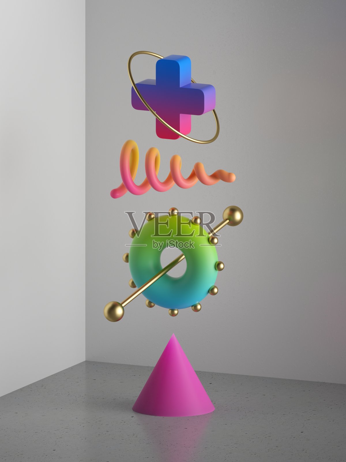 3d渲染,抽象多彩的几何形状,简约的现代构图,反重力平衡概念,组合悬浮设计元素,充满活力的霓虹渐变,后现代艺术作品照片摄影图片