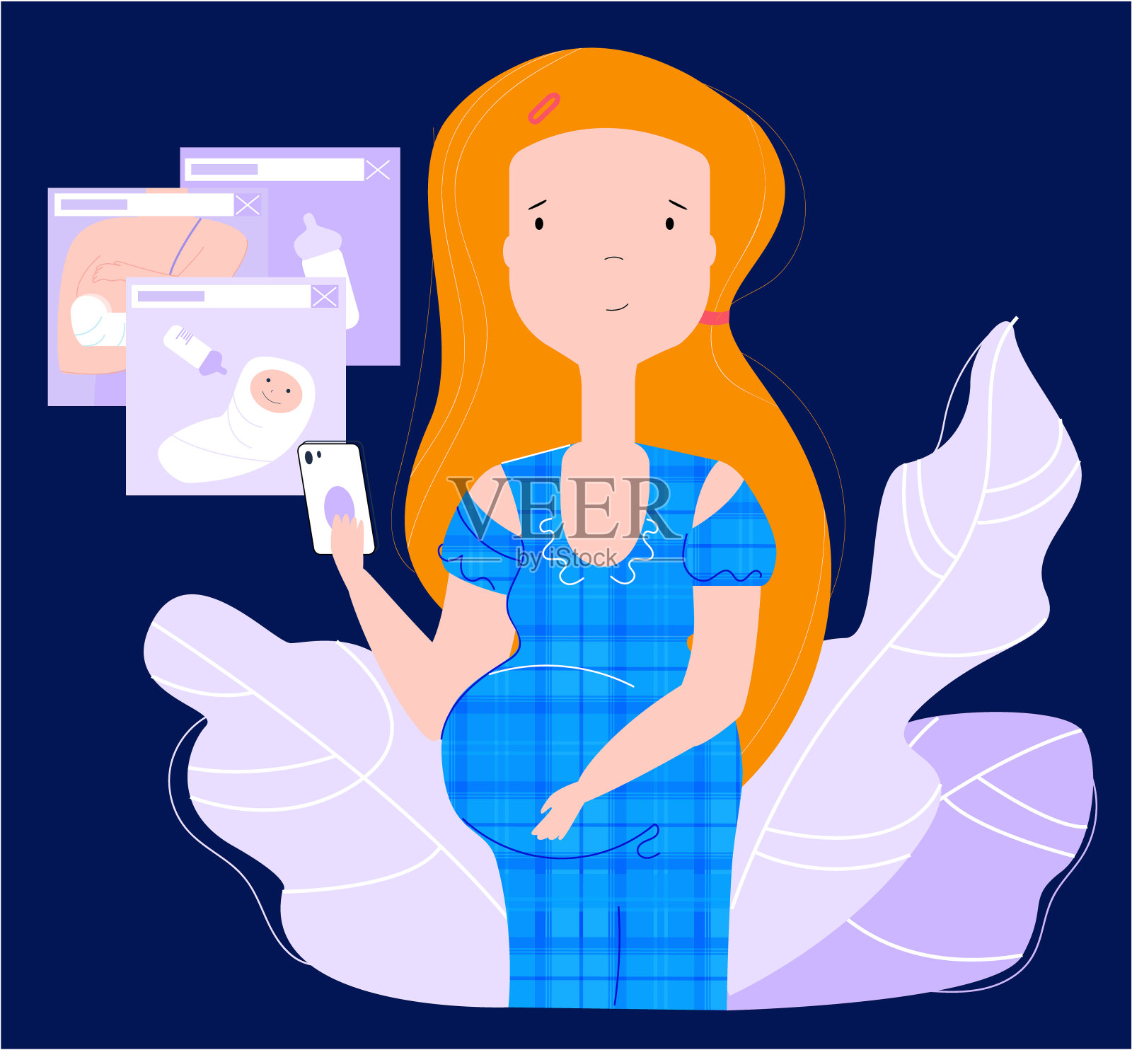 矢量平面插图快乐怀孕年轻迷人的女人。插画图片素材