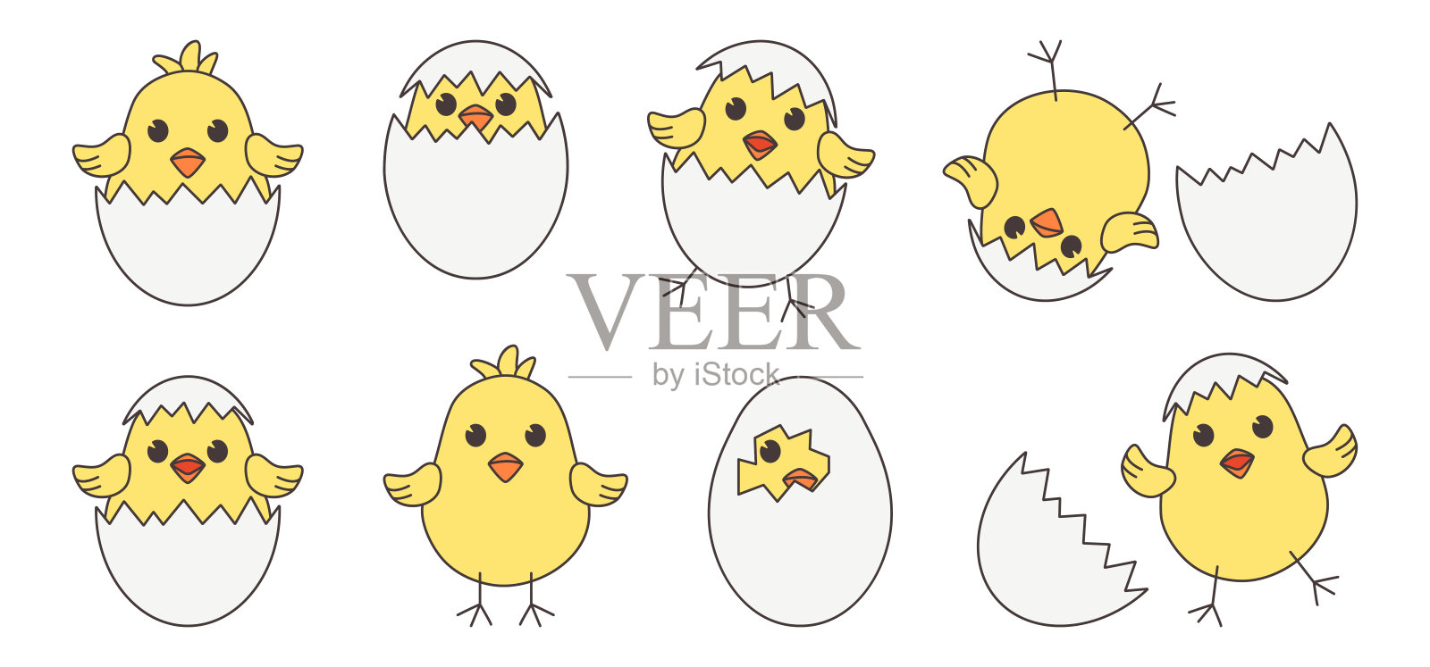 复活节婴儿鸡,卡通鸡蛋鸡和壳孤立在白色背景。向量插画图片素材
