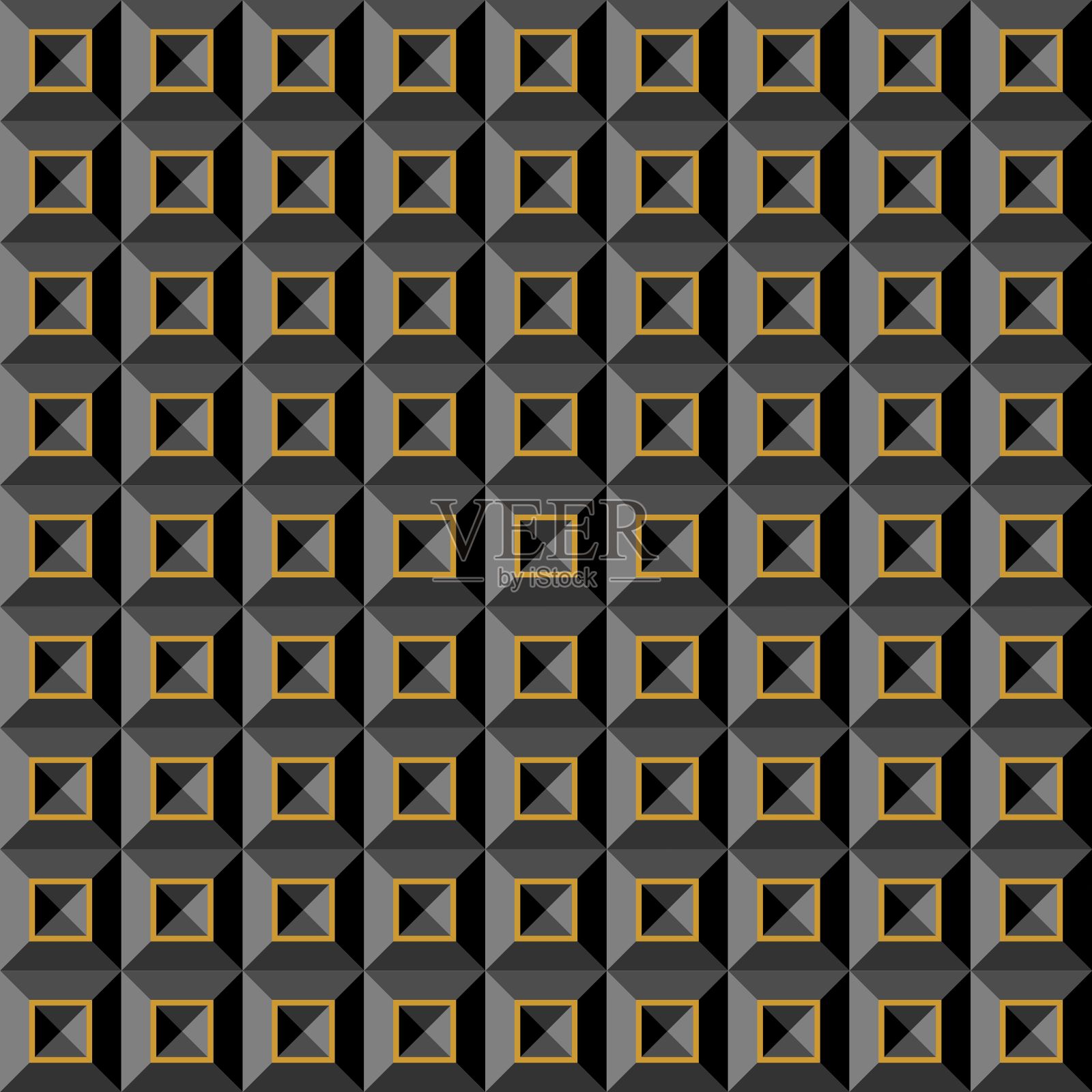 无缝黑色体积3D背景几何形状与金色口音。壁纸模板,印刷产品,内饰,网页设计,包装。向量插画图片素材