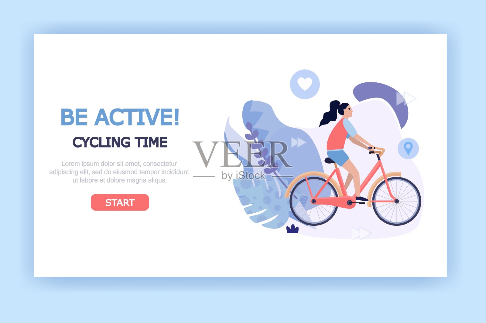健康和积极的生活方式插图概念的网站横幅,登陆页,演示,海报,广告。女孩骑着自行车在白色的背景下,矢量平的风格。插画图片素材