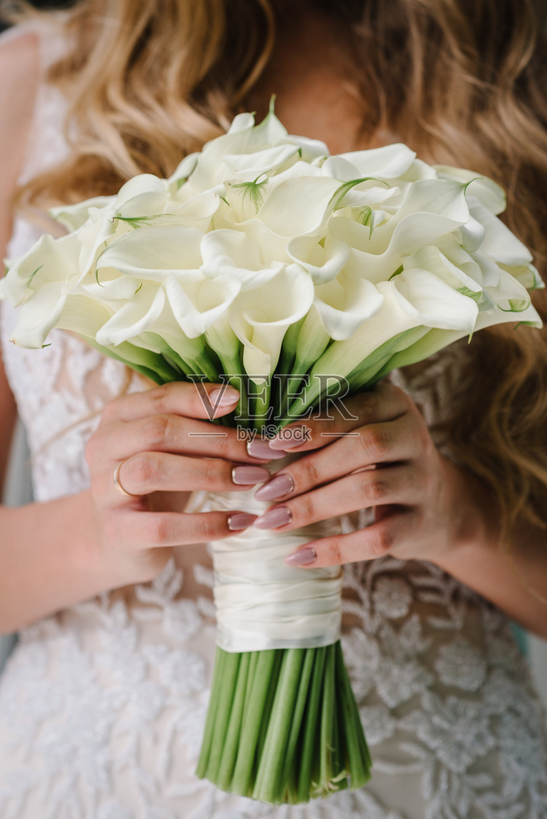 年轻美丽的新娘身穿优雅礼服,手捧白色鲜花和绿叶手捧花照片摄影图片