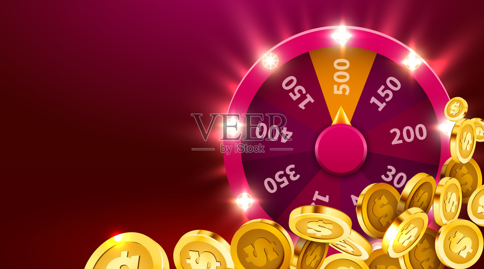 幸运轮或幸运与下落的硬币。赌博休闲的机会。五彩缤纷的赌博。头奖的概念背景。插画图片素材