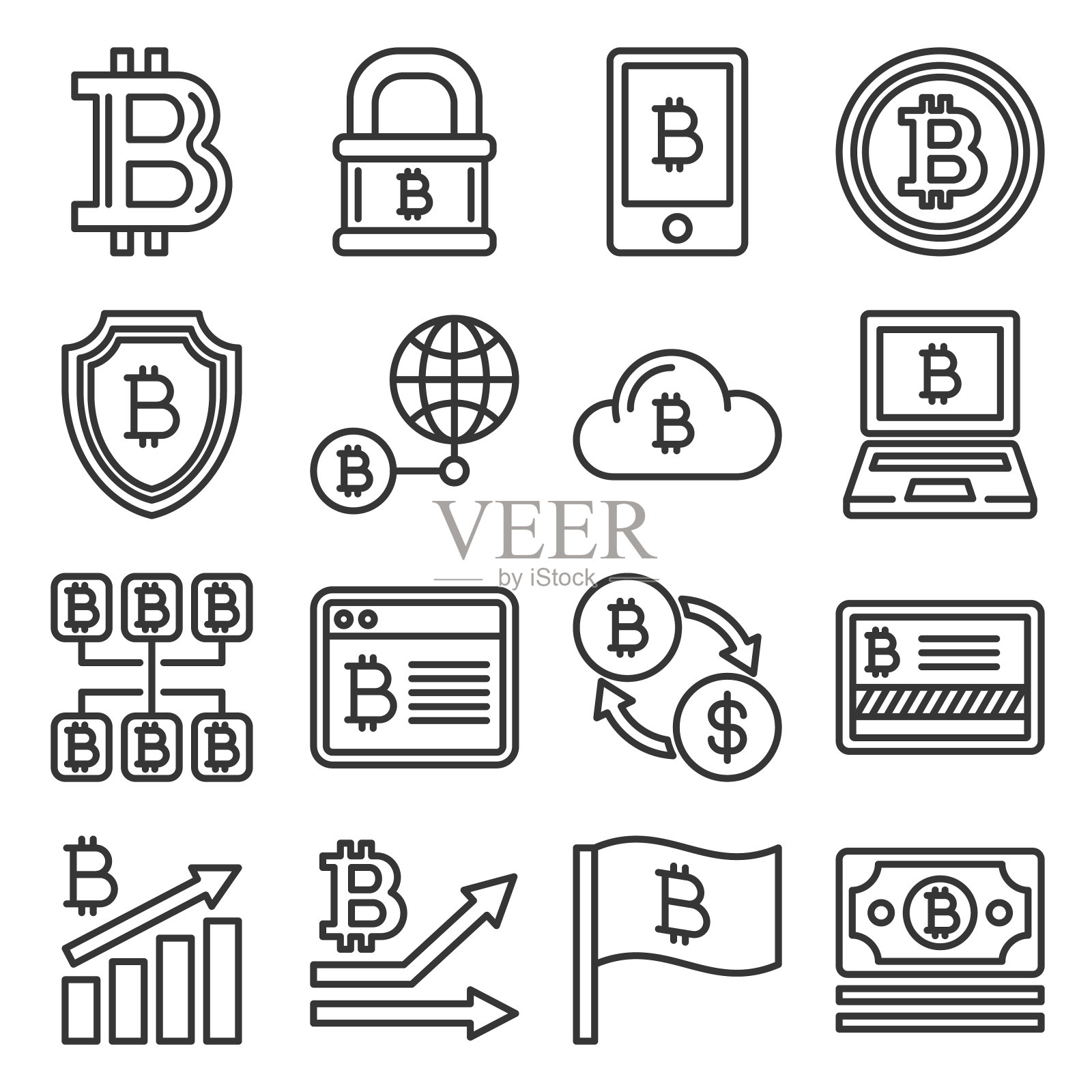 比特币图标设置在白色背景。线型向量插画图片素材